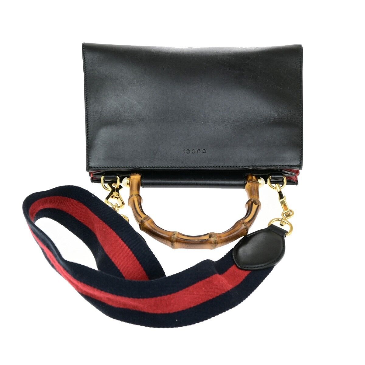 GUCCI Logo Nymphaea 2Way Shoulder Hand Bag Bamboo Leather Black Red 73ED428