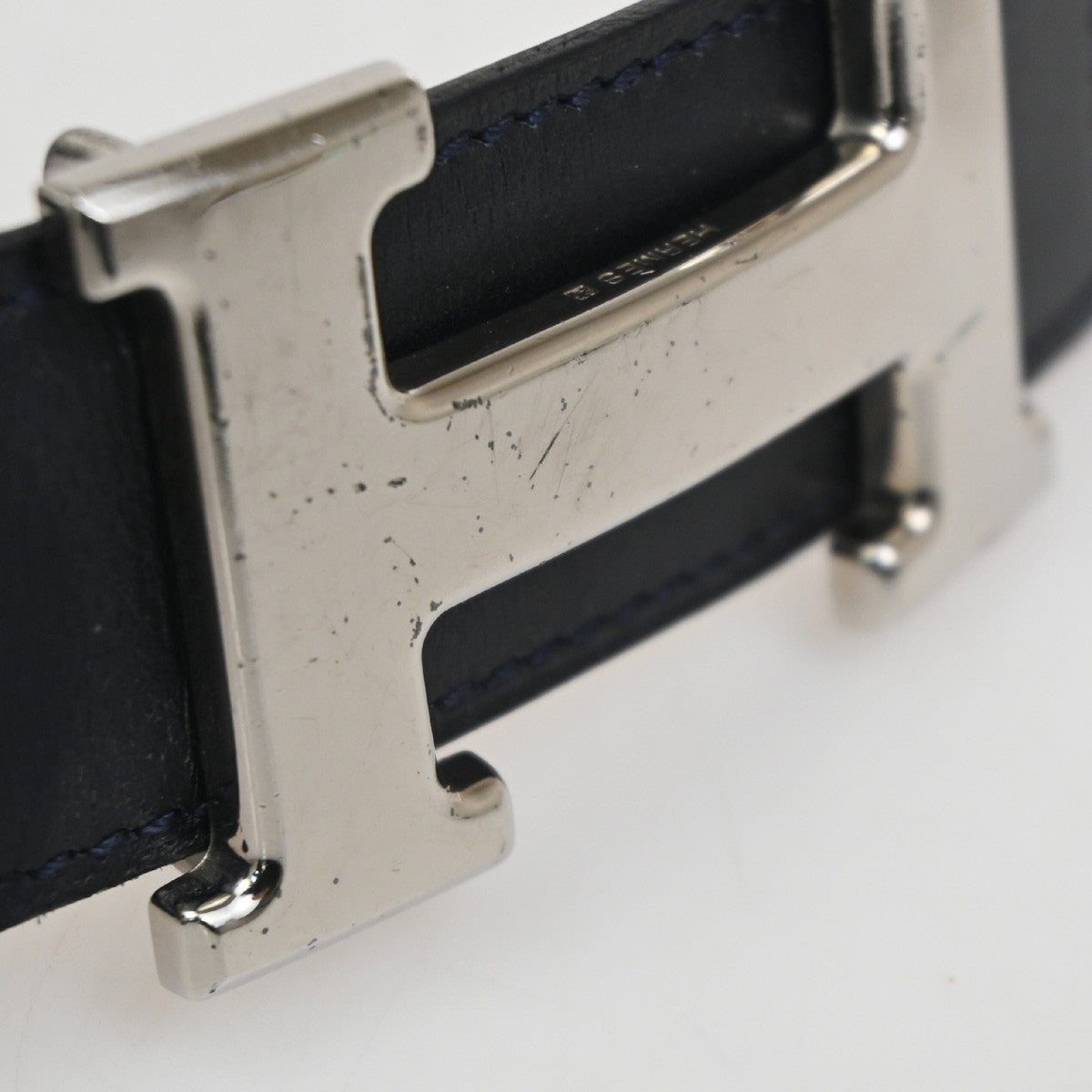 HERMES H Logo Constance Reversible Buckle Belt Leather #65 Blue White 70RL780
