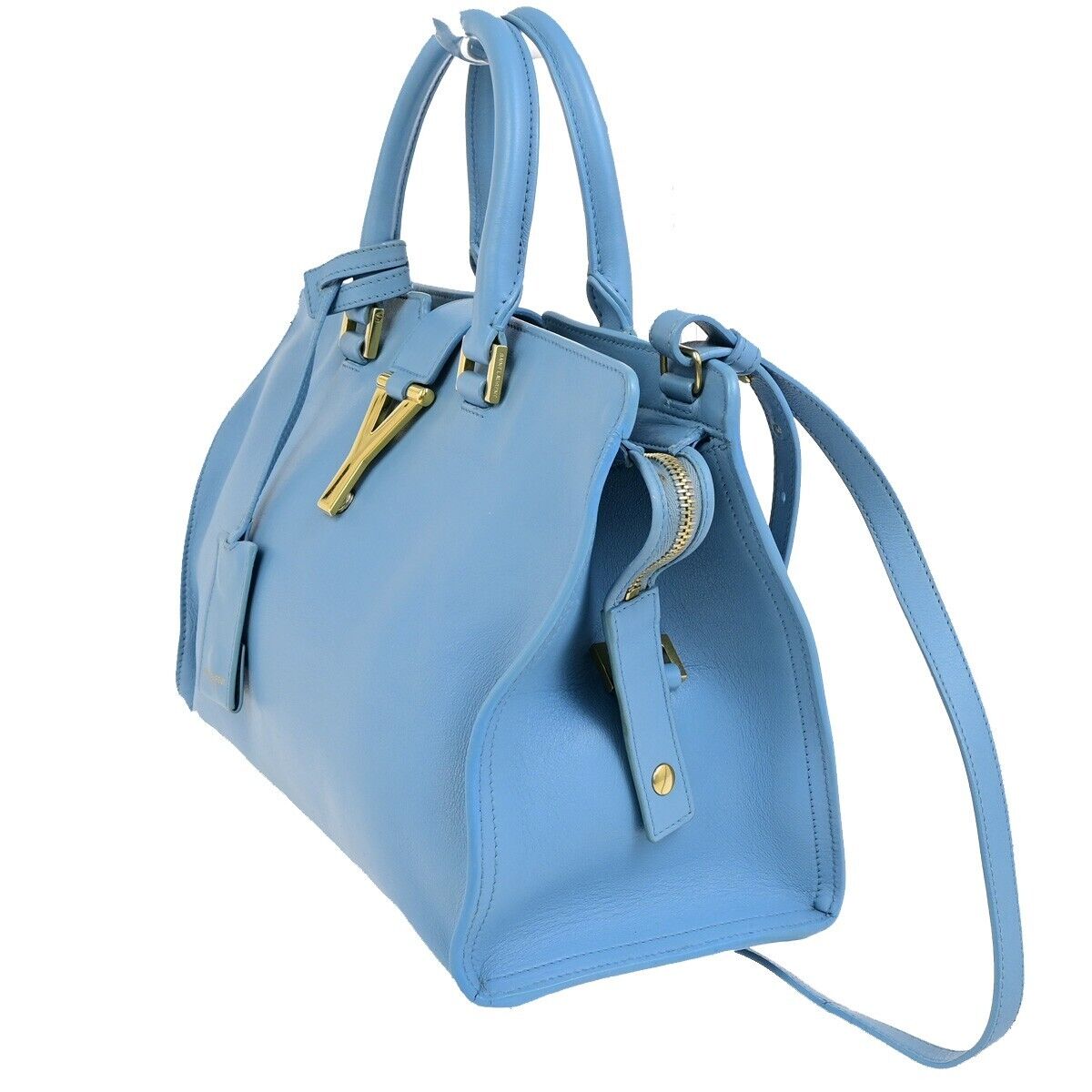 SAINT LAURENT  Logo Classic Y Cabas 2 Way Hand Bag Leather Blue Gold 79FB398