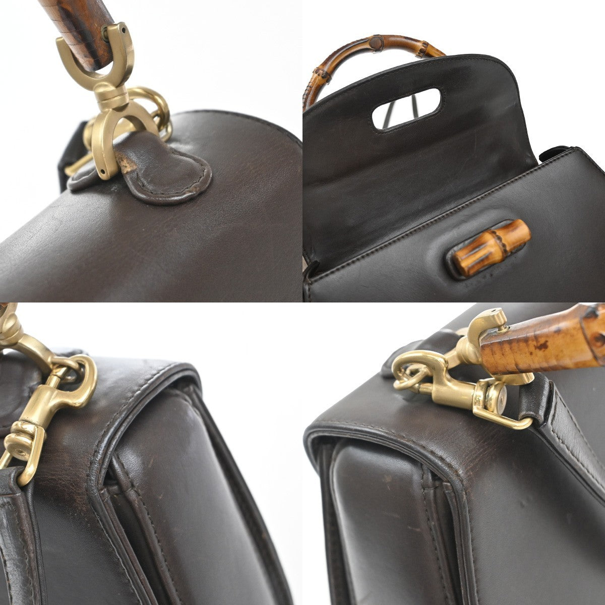 GUCCI Logo Bamboo 2Way Shoulder Hand Bag Leather Brown Gold Italy 50RF716