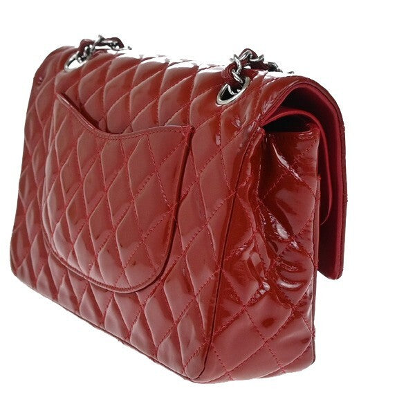 CHANEL Matelasse 25 Double Flap Chain Shoulder Bag Patent Leather Red 339RF259