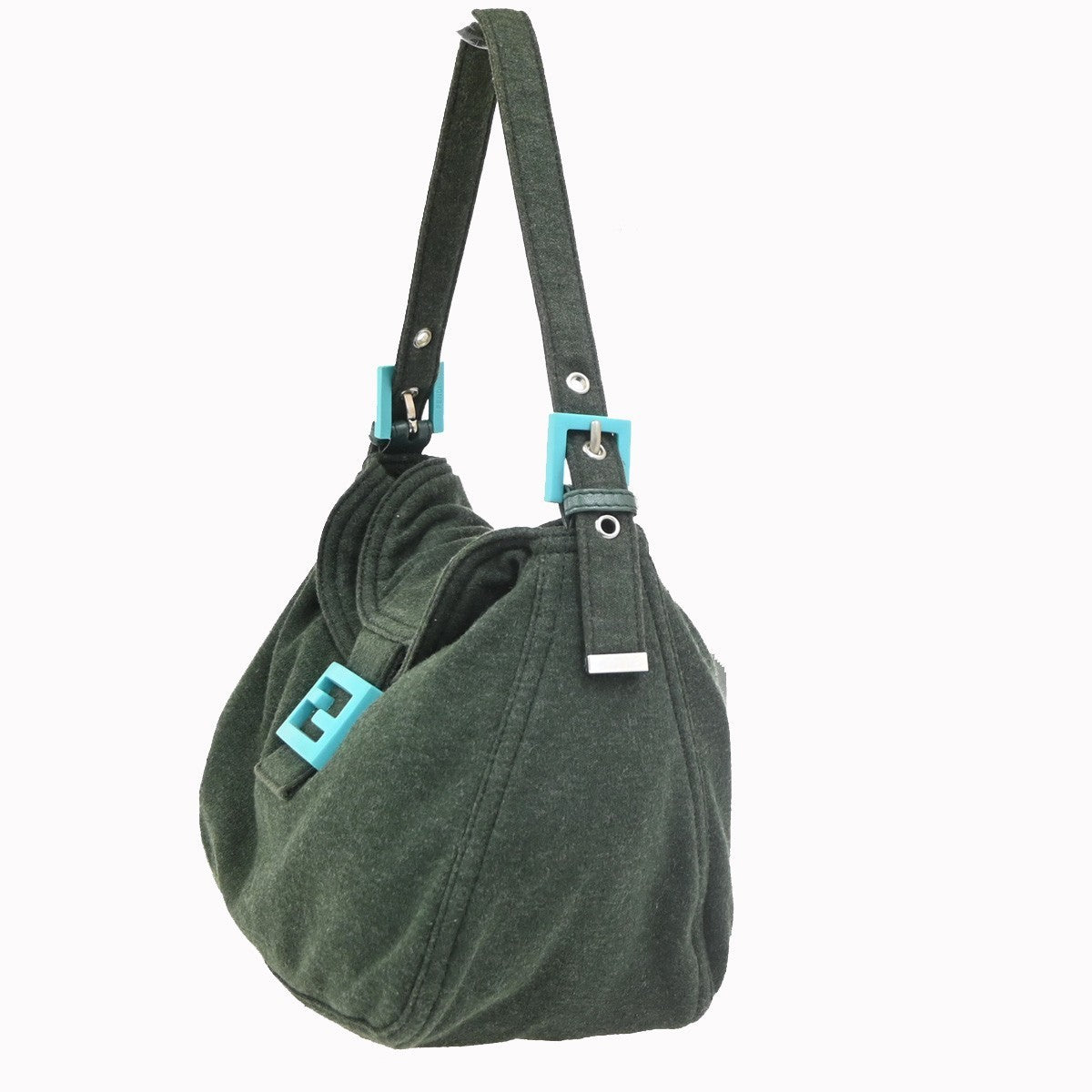FENDI Logo Mamma Baguette Shoulder Bag Jersey Leather Green SHW Italy 71YJ259