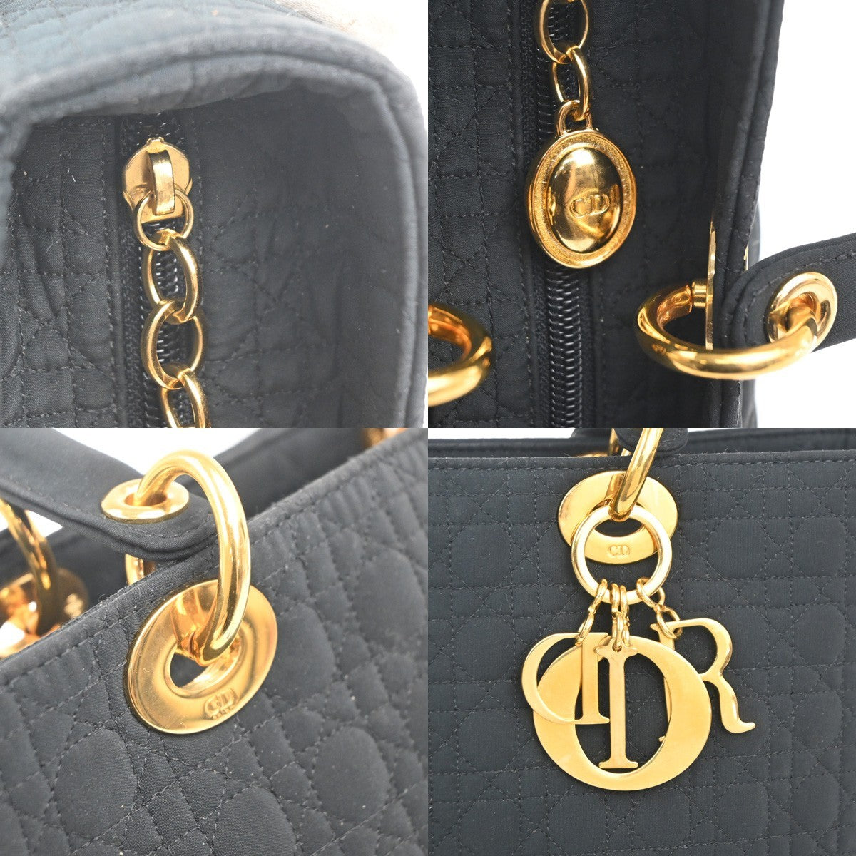 CHRISTIAN DIOR Logo Lady Cannage Hand Bag  Nylon Leather Black GHW Italy 79KC991