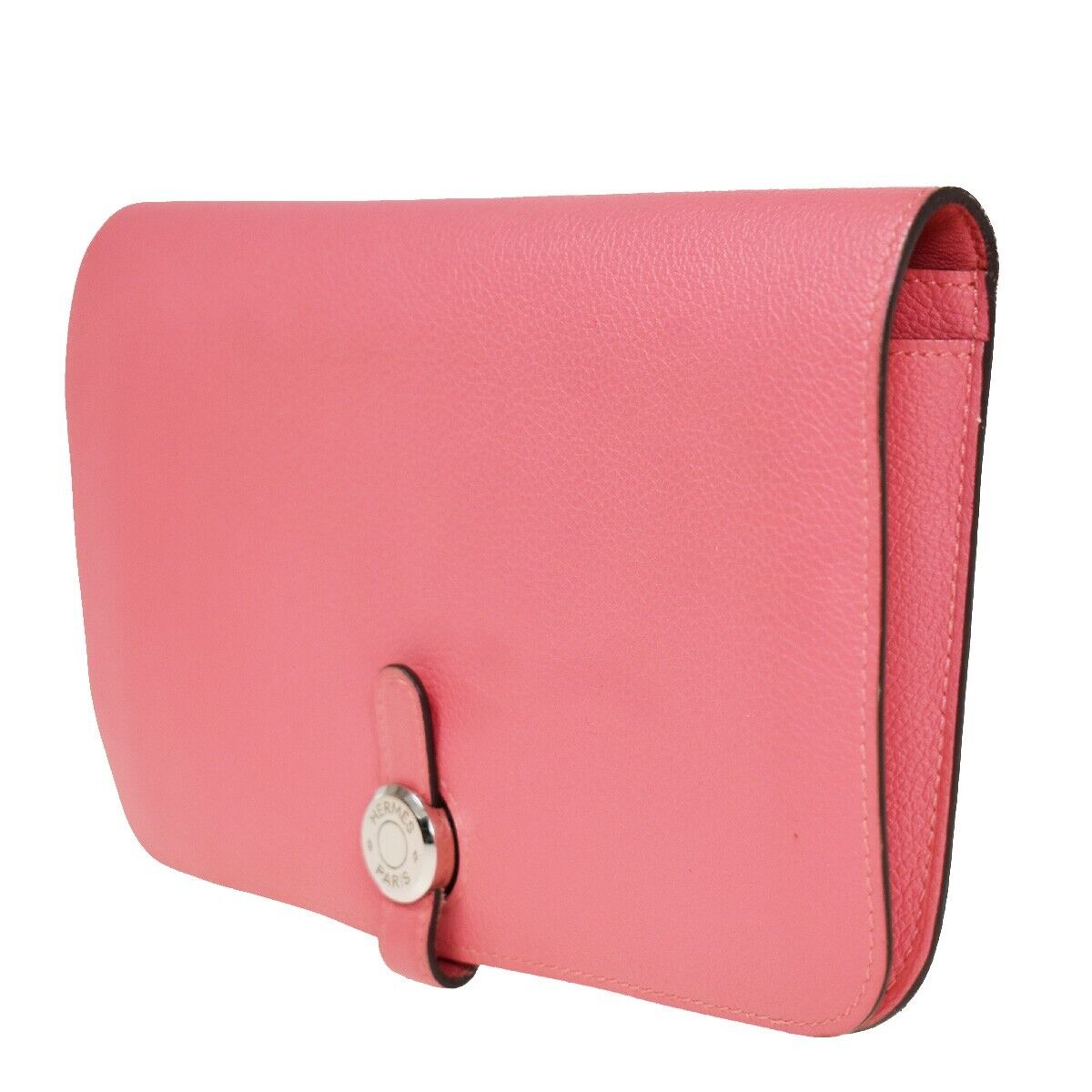 HERMES Logo Dogon GM Bifold Wallet Purse Evercalf Leather Pink France 50RC661