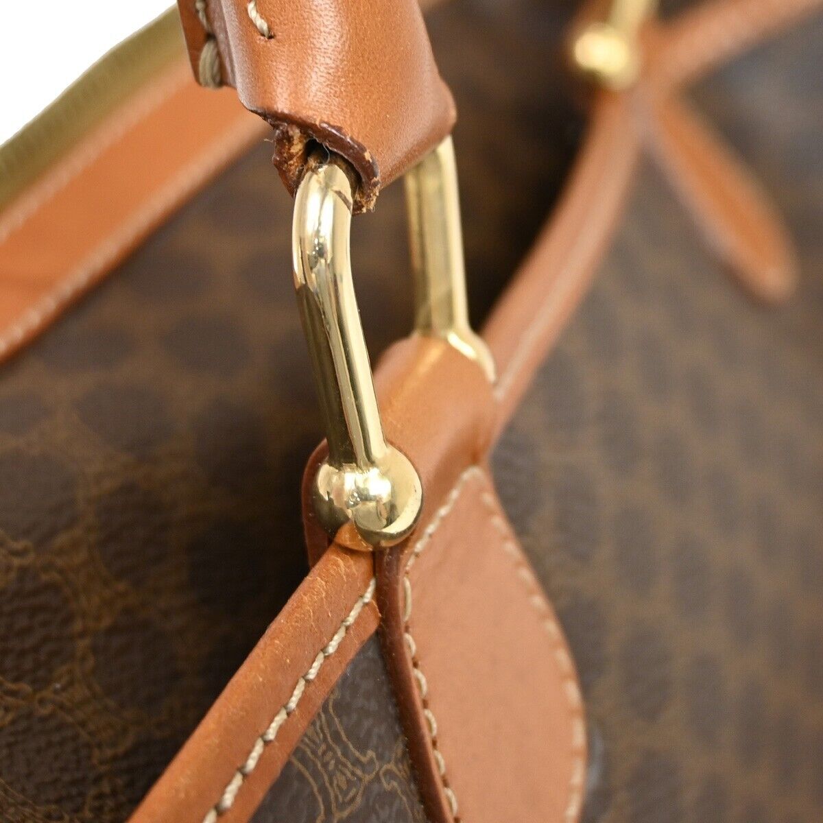 CELINE Logo Macadam Pattern  Hand Bag PVC Leather Brown Gold Italy 30FA326