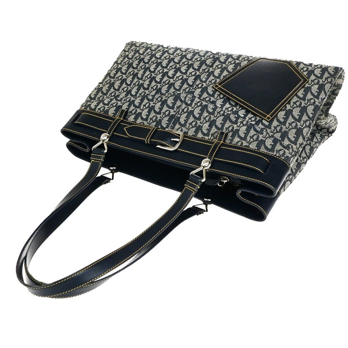 CHRISTIAN DIOR Trotter Pattern Shoulder Bag Canvas Leather Navy Blue 77ED282