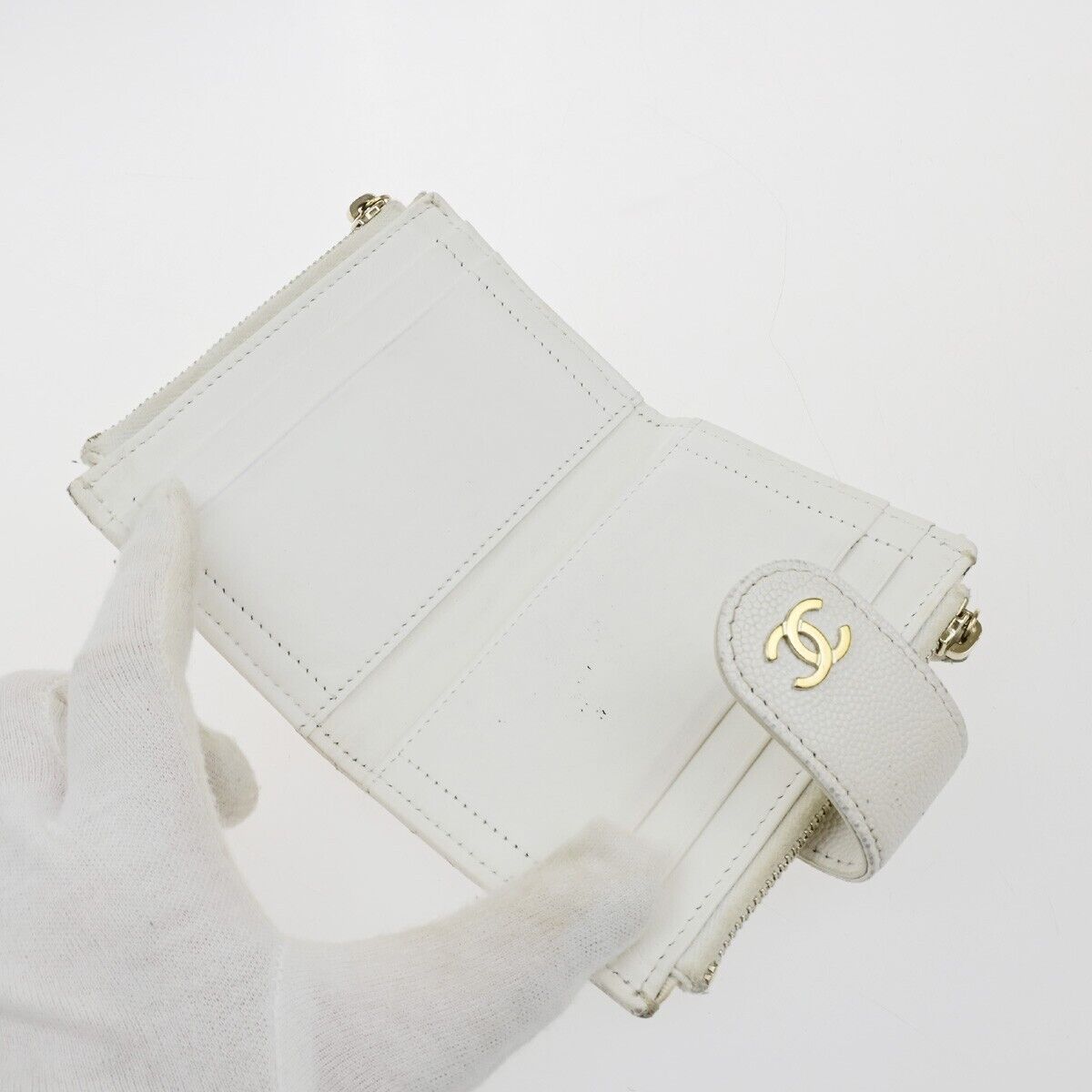 CHANEL CC Logo Bifold Compact Wallet Grained Calfskin Leather White GHW 30ED889