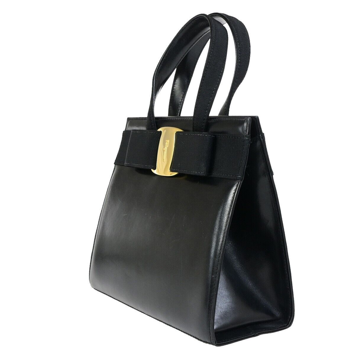 SALVATORE FERRAGAMO Logo Vara Hand Bag Canvas Leather Black Gold Italy 64EC119