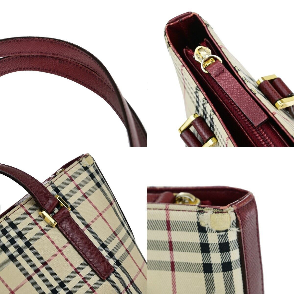 BURBERRY Logo Nova Check Shoulder Bag Canvas Leather Beige Bordeaux 60KA218