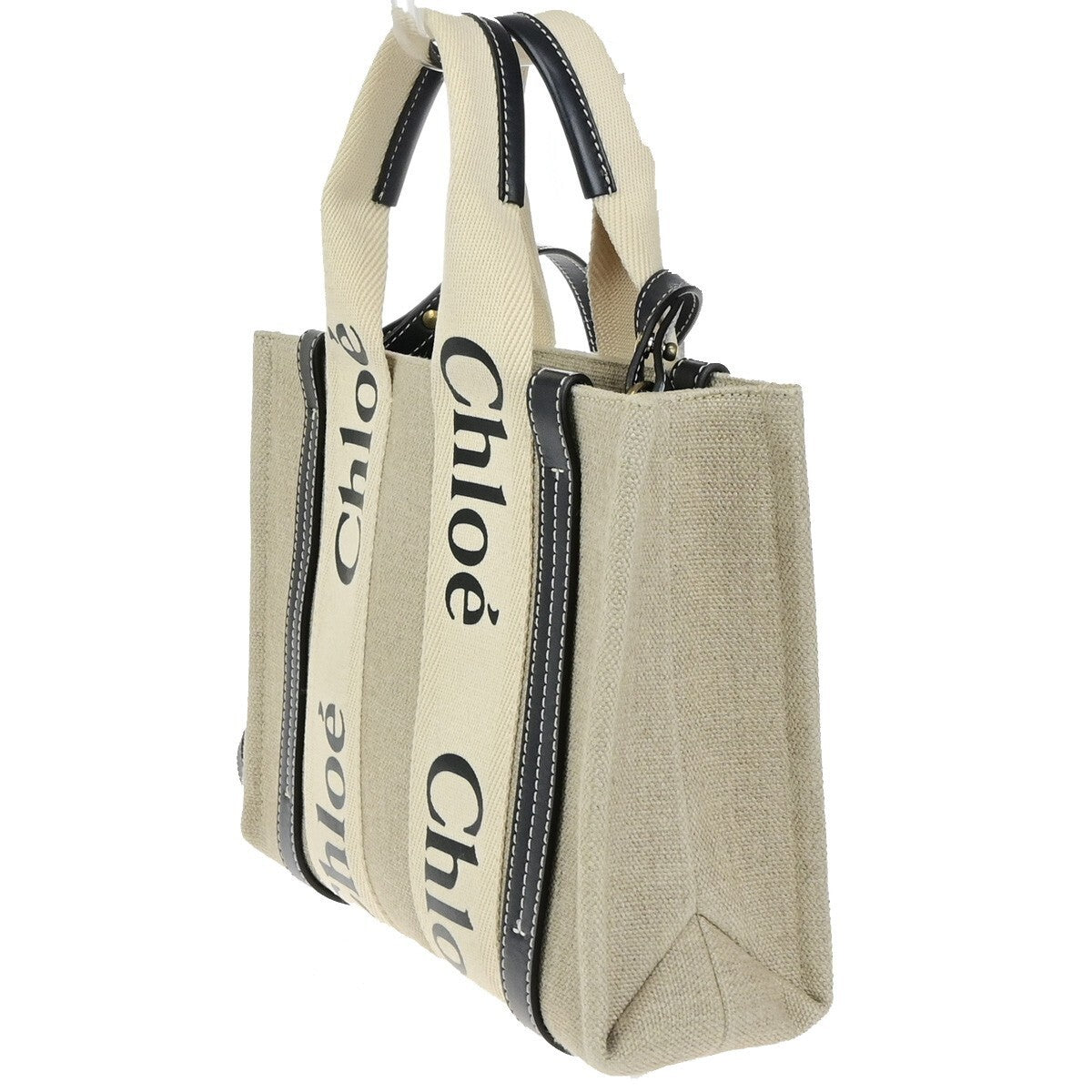 CHLOE Woody Tote Shoulder Hand Bag 2Way Canvas Leather White Navy GHW 90RK538
