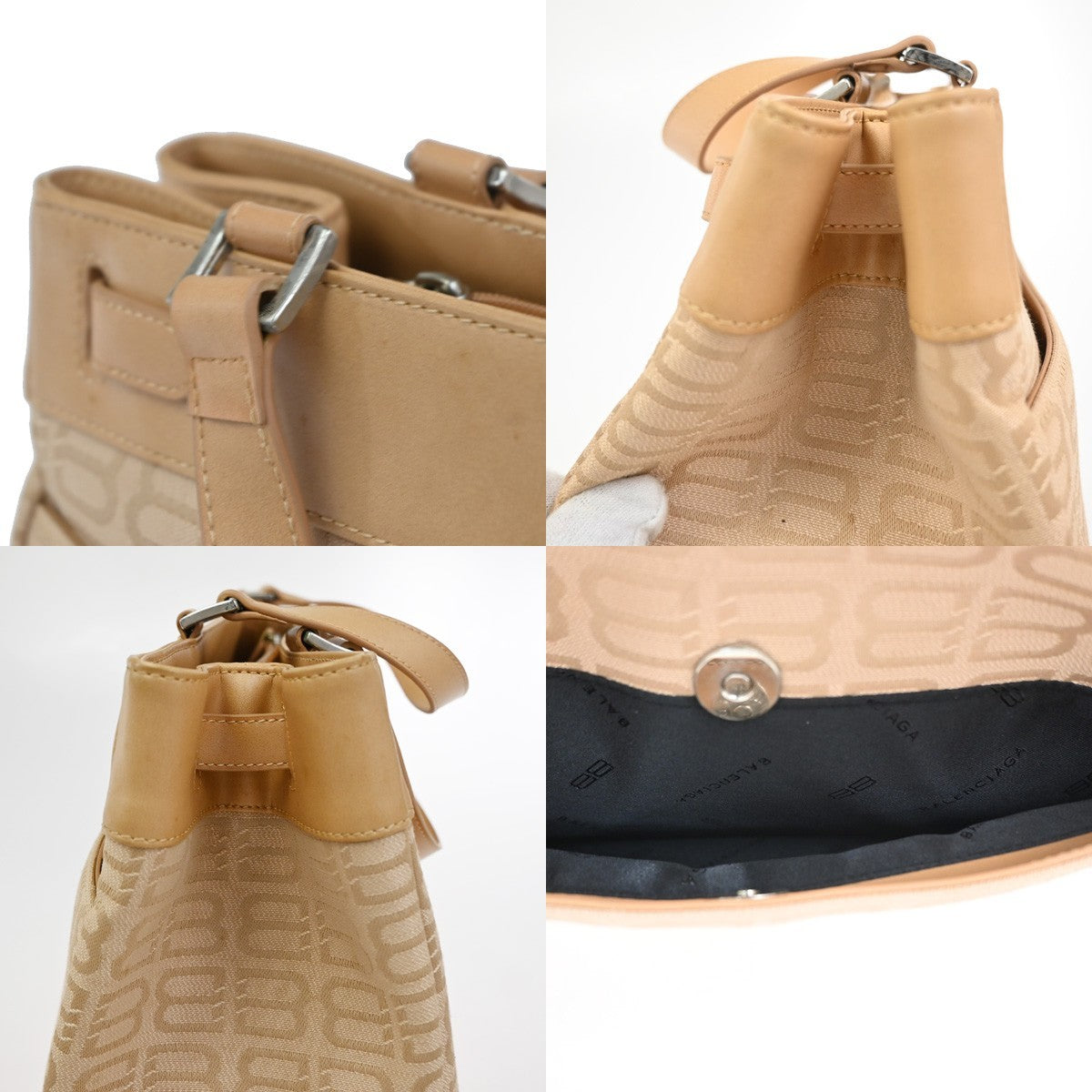 BALENCIAGA Logo BB Pattern Hand Tote Bag Canvas Leather Beige SHW 09CA910