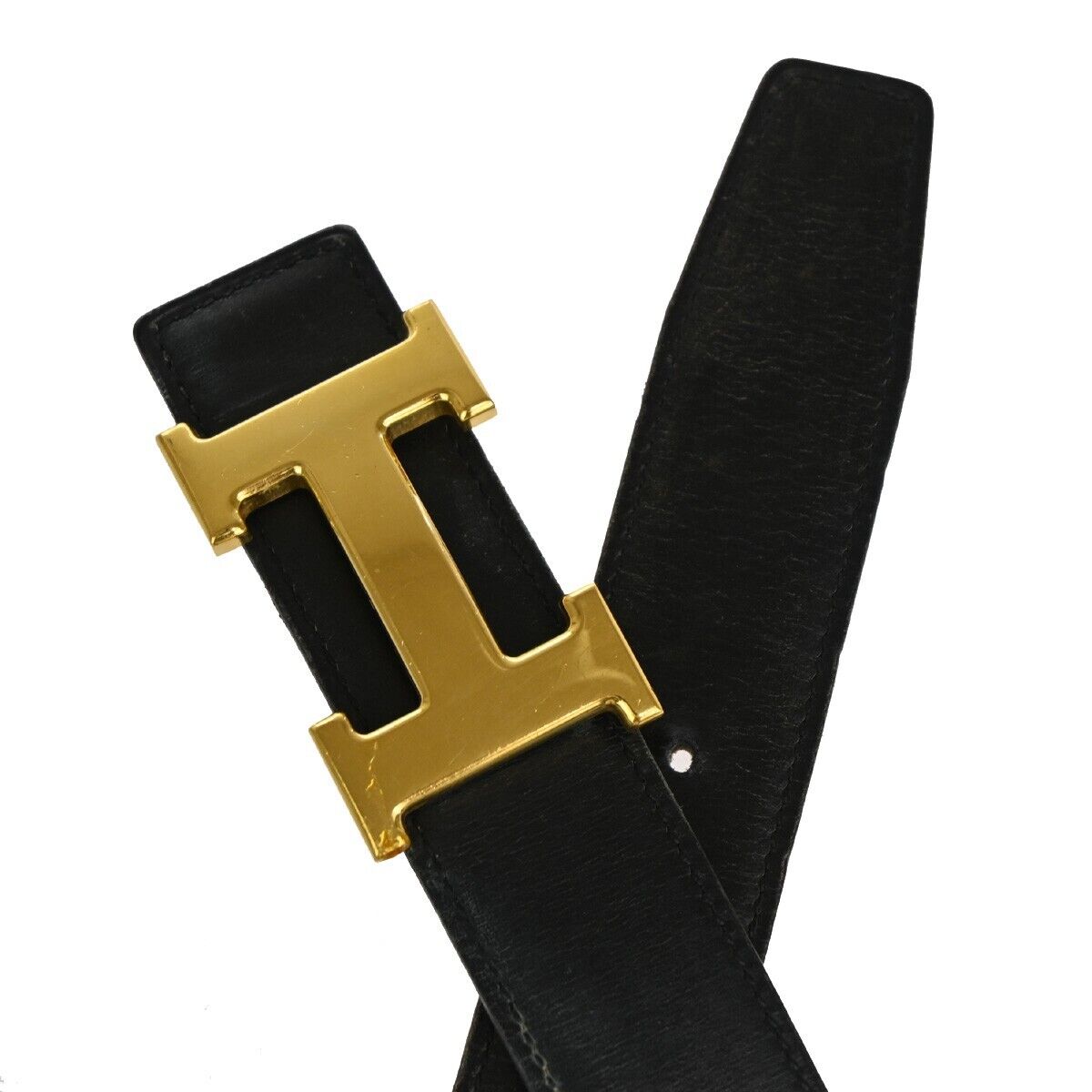 HERMES H Logo Constance Reversible Buckle Belt #68 Leather Black Gold 86YD916