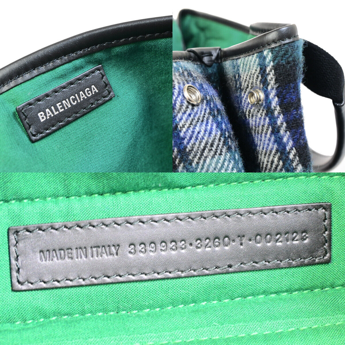 BALENCIAGA Navy Cabas S Hand Tote Bag Check Wool Leatehr Green Black 34RK296