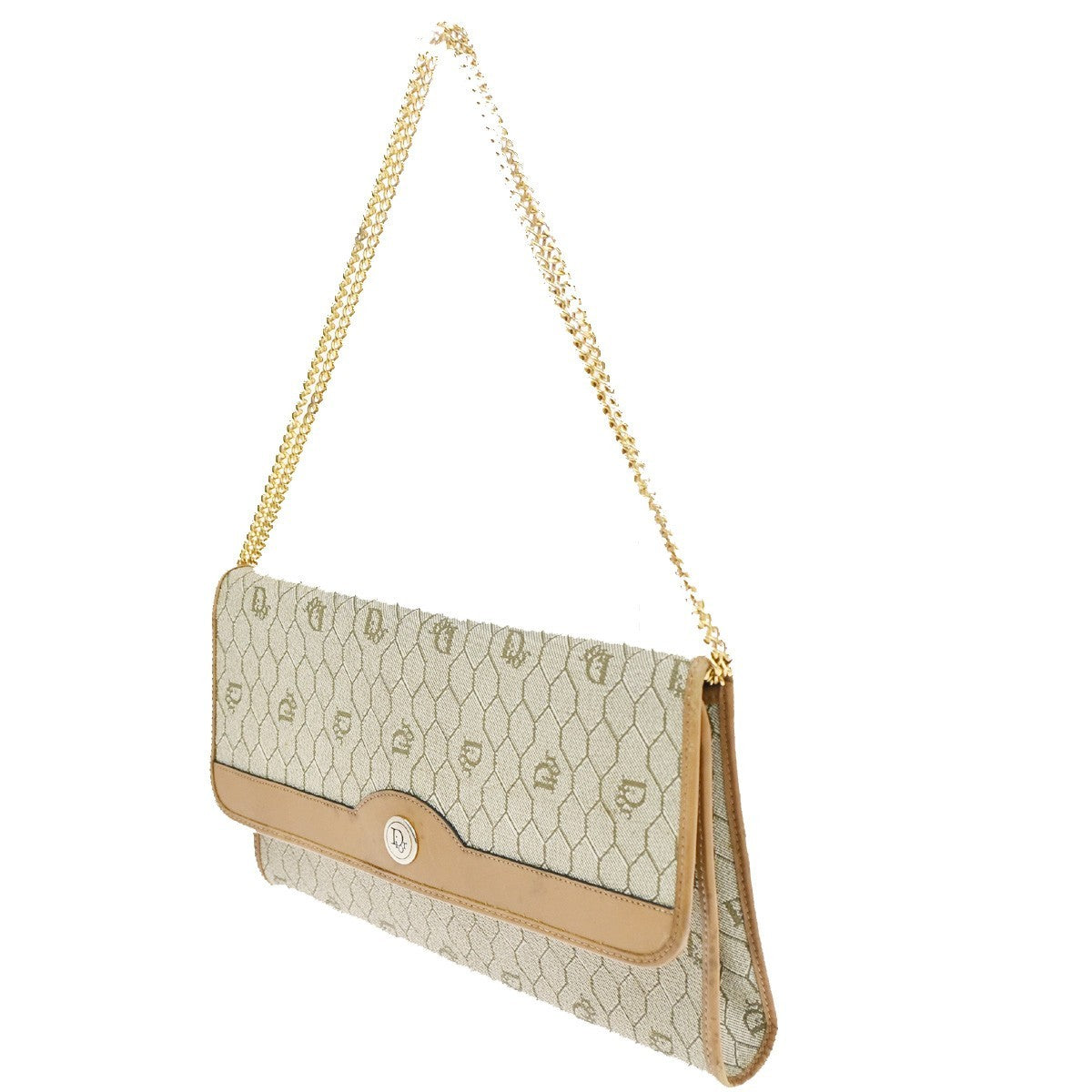 CHRISTIAN DIOR Logo Honey comb Chain Shoulder Bag PVC Leather GHW Beige 65KB707