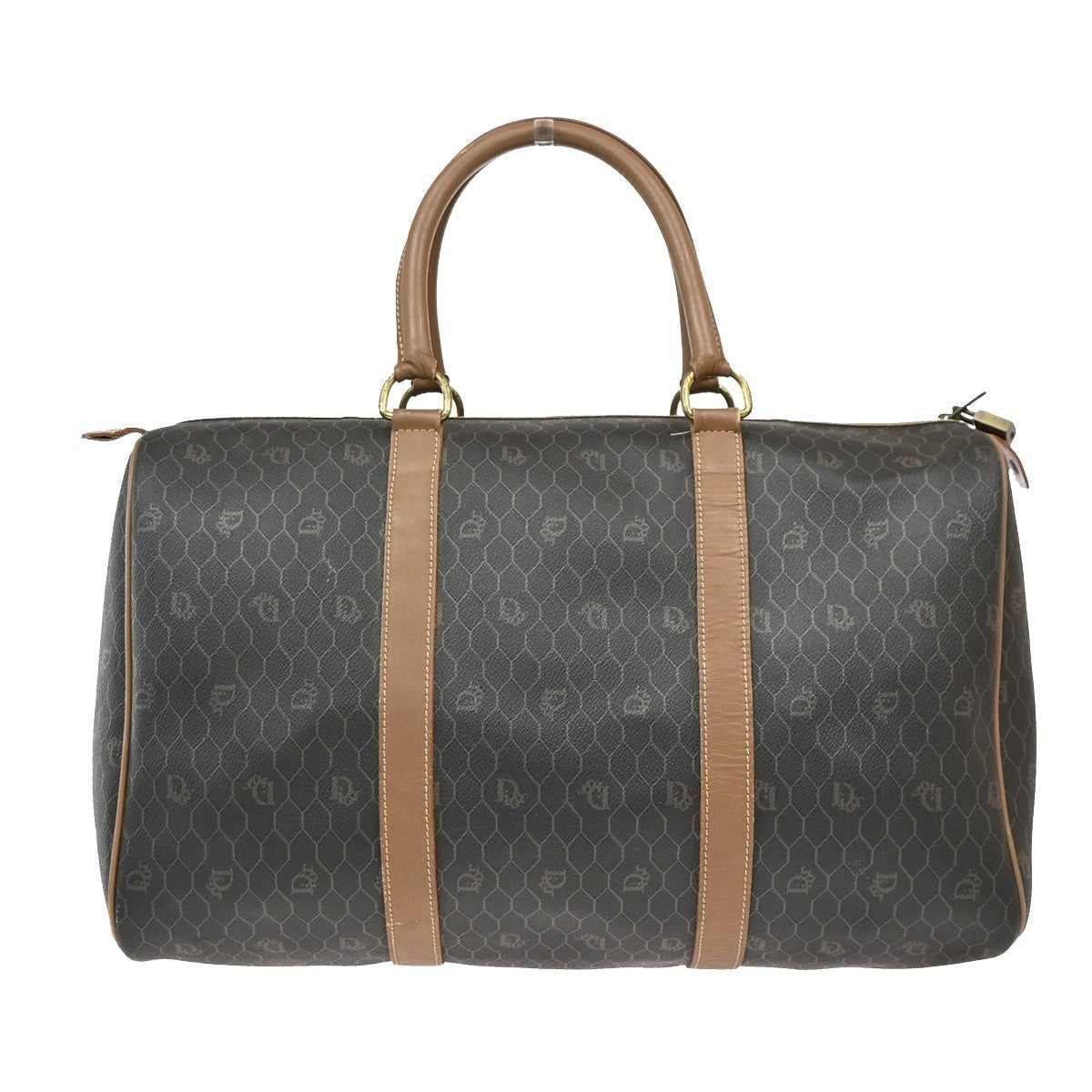 CHRISTIAN DIOR Logo Honeycomb Hand Bag PVC Leather Brown Black GHW 31PA021