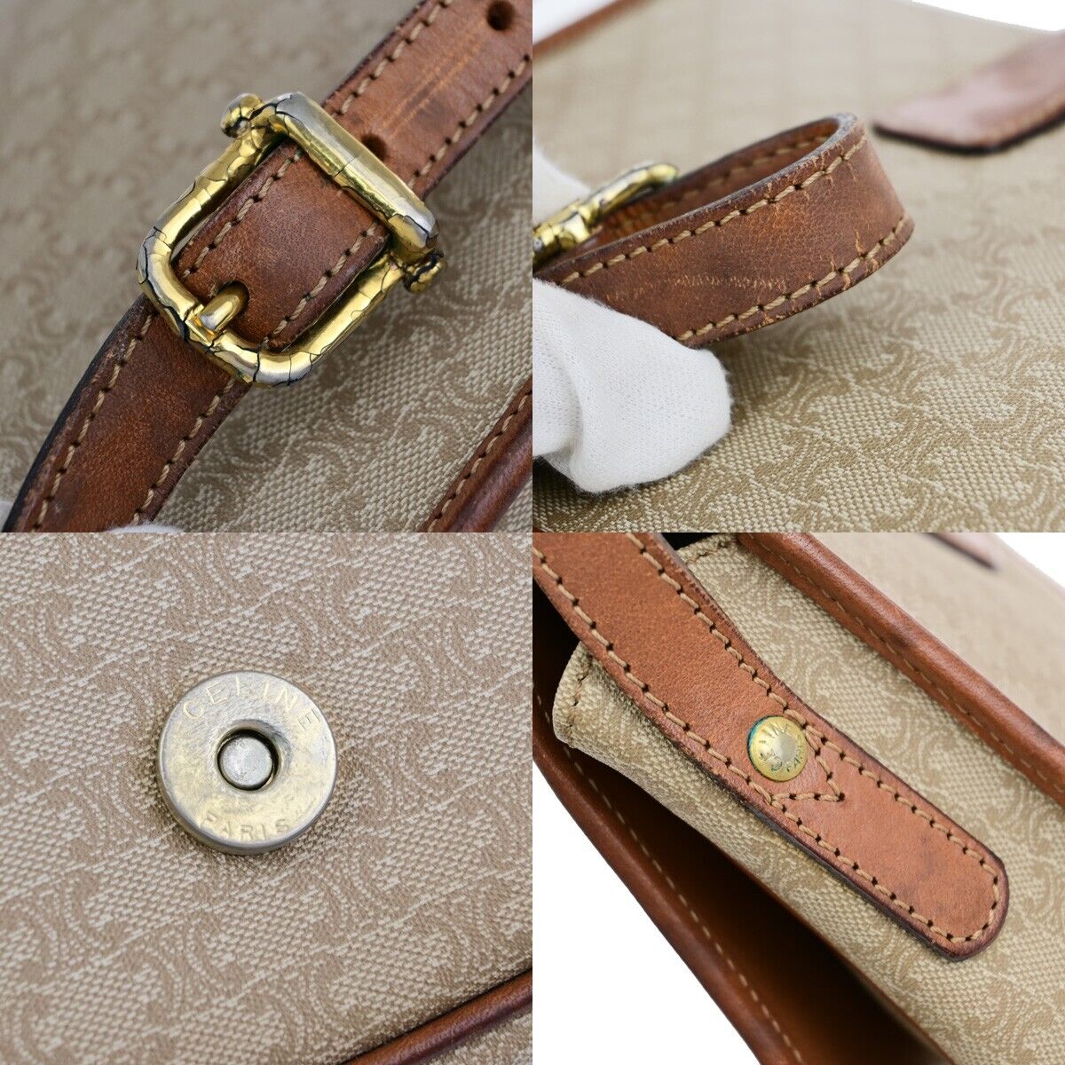 CELINE Logo Macadam Pattern Shoulder Bag PVC Leather Beige Italy 04EB477