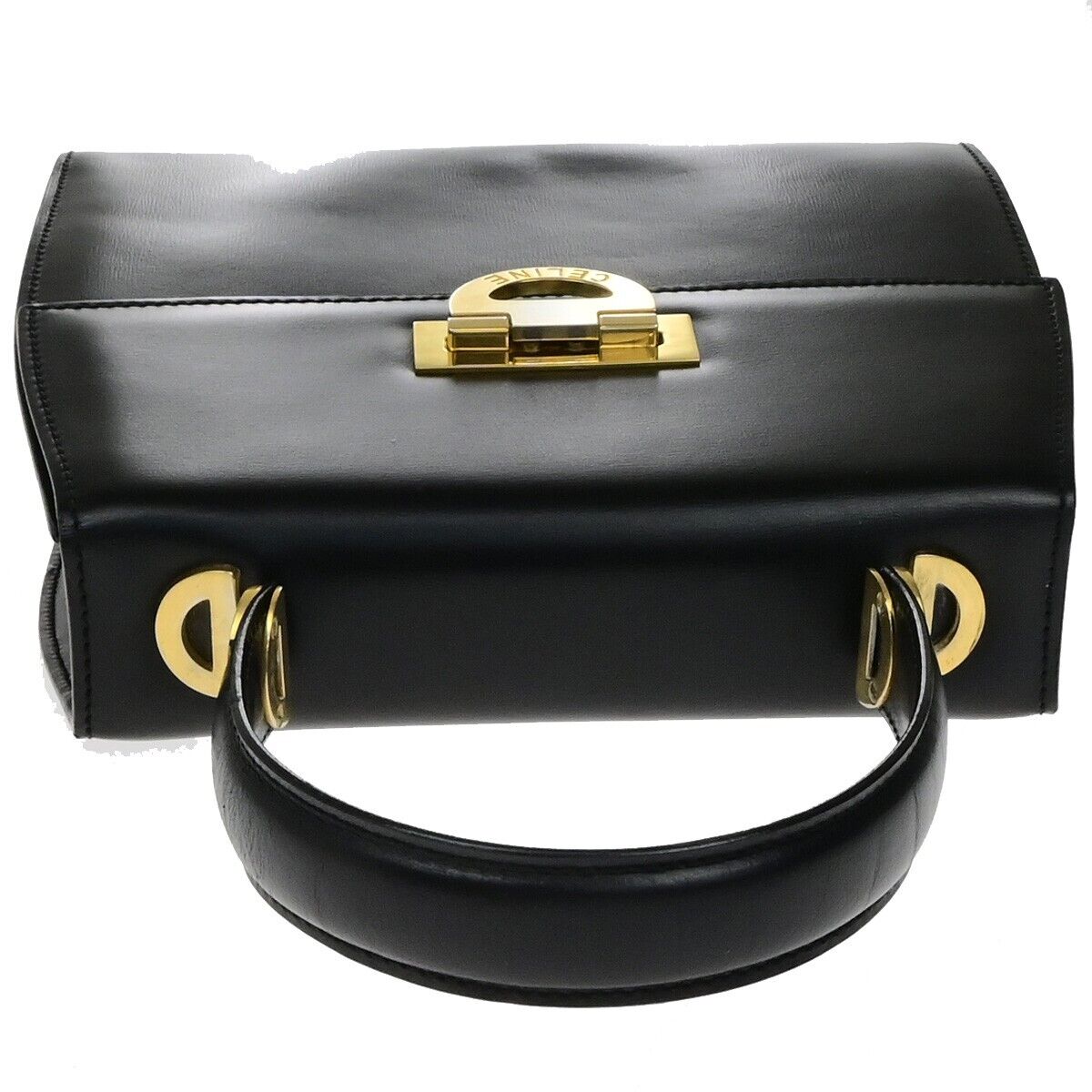 CELINE Logo Top Handle Hand Bag Leather Black Gold Made in Italy 80ED937