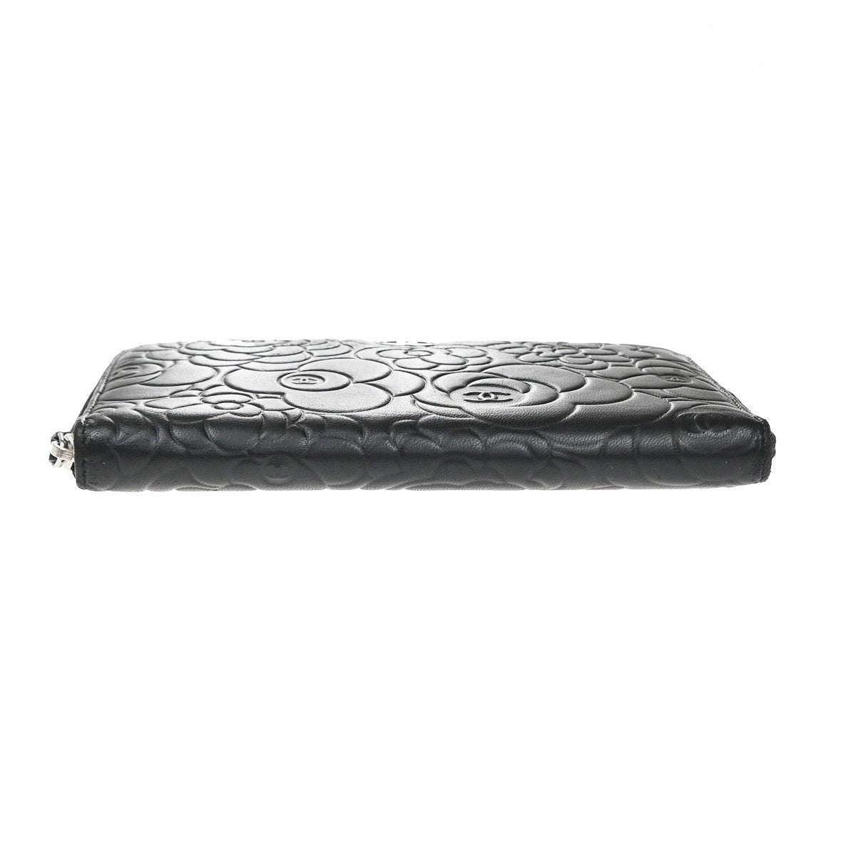CHANEL CC Logo Camellia Long Zip Around Wallet Purse Leather Black SHW 85RQ019