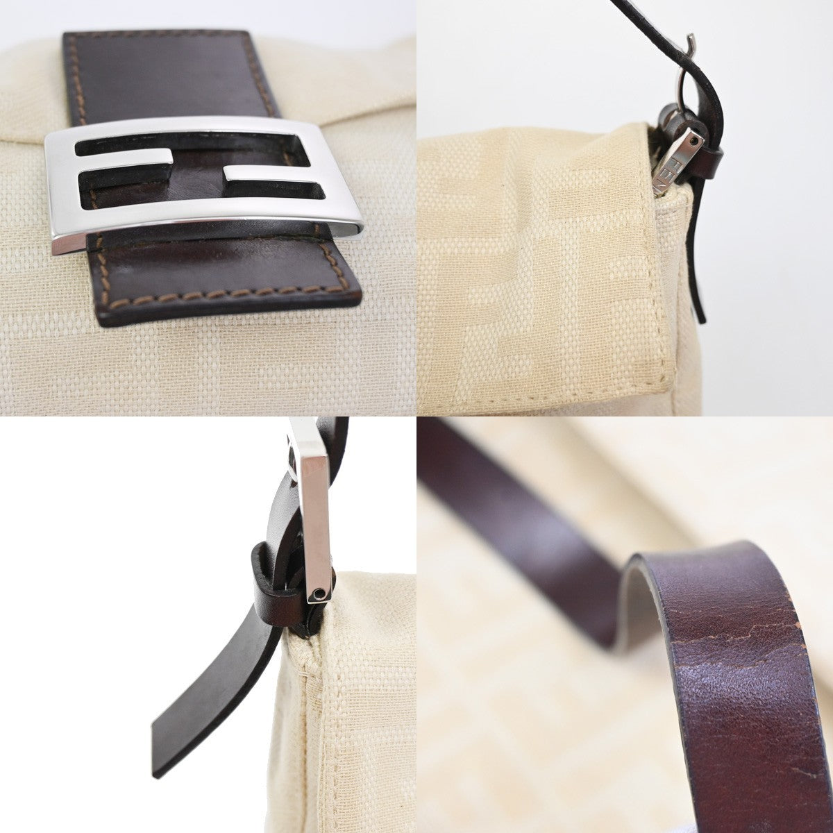 FENDI Mamma Baguette Zucca Shoulder Bag Canvas Leather White SHW Italy 98ZA279