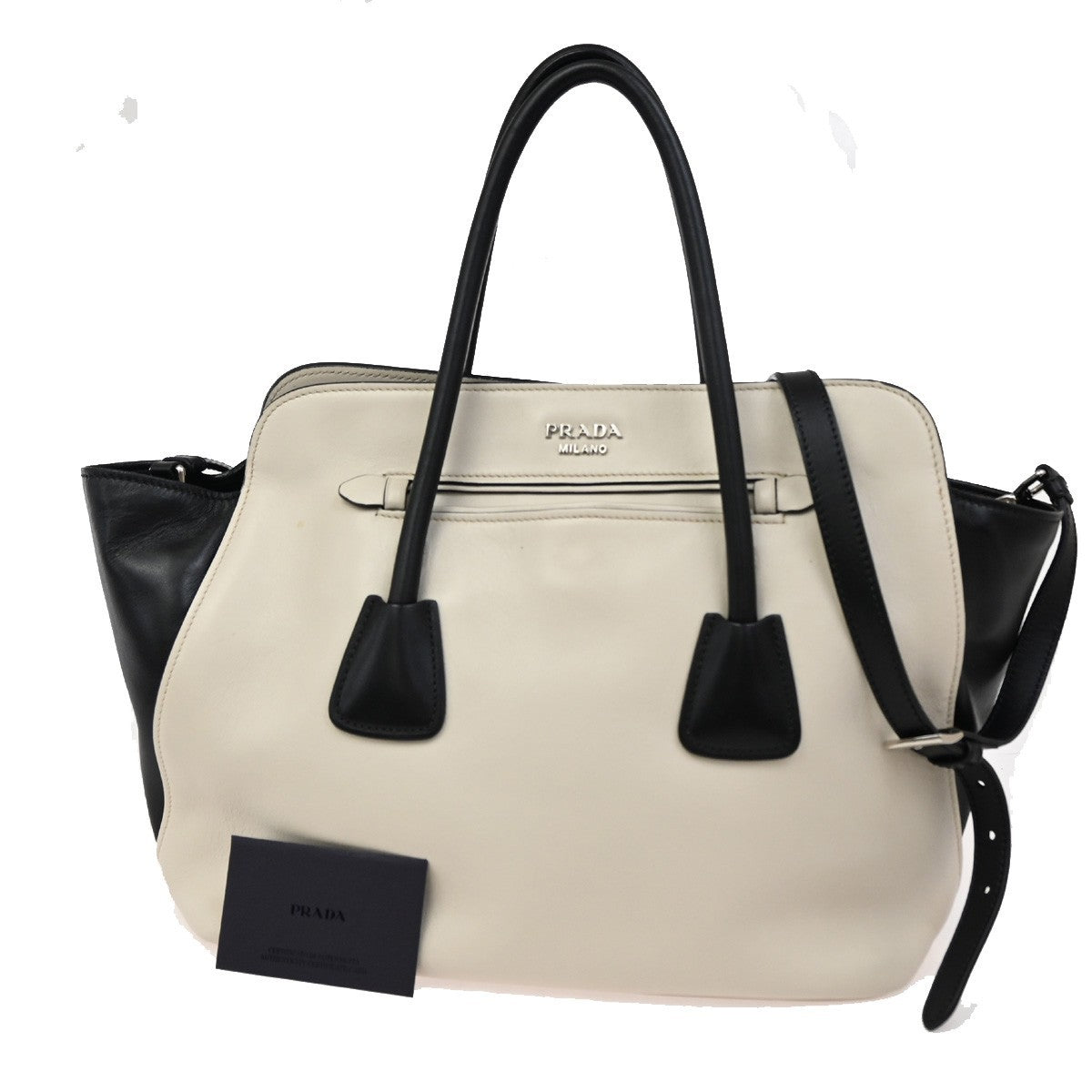 PRADA Logo Bicolor 2Way Shoulder Hand Bag Leather Black White Italy 34AA065