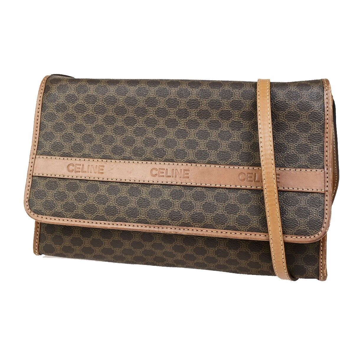 CELINE Logo Macadam Pattern Shoulder Bag PVC Leather Brown GHW Italy 65FB173