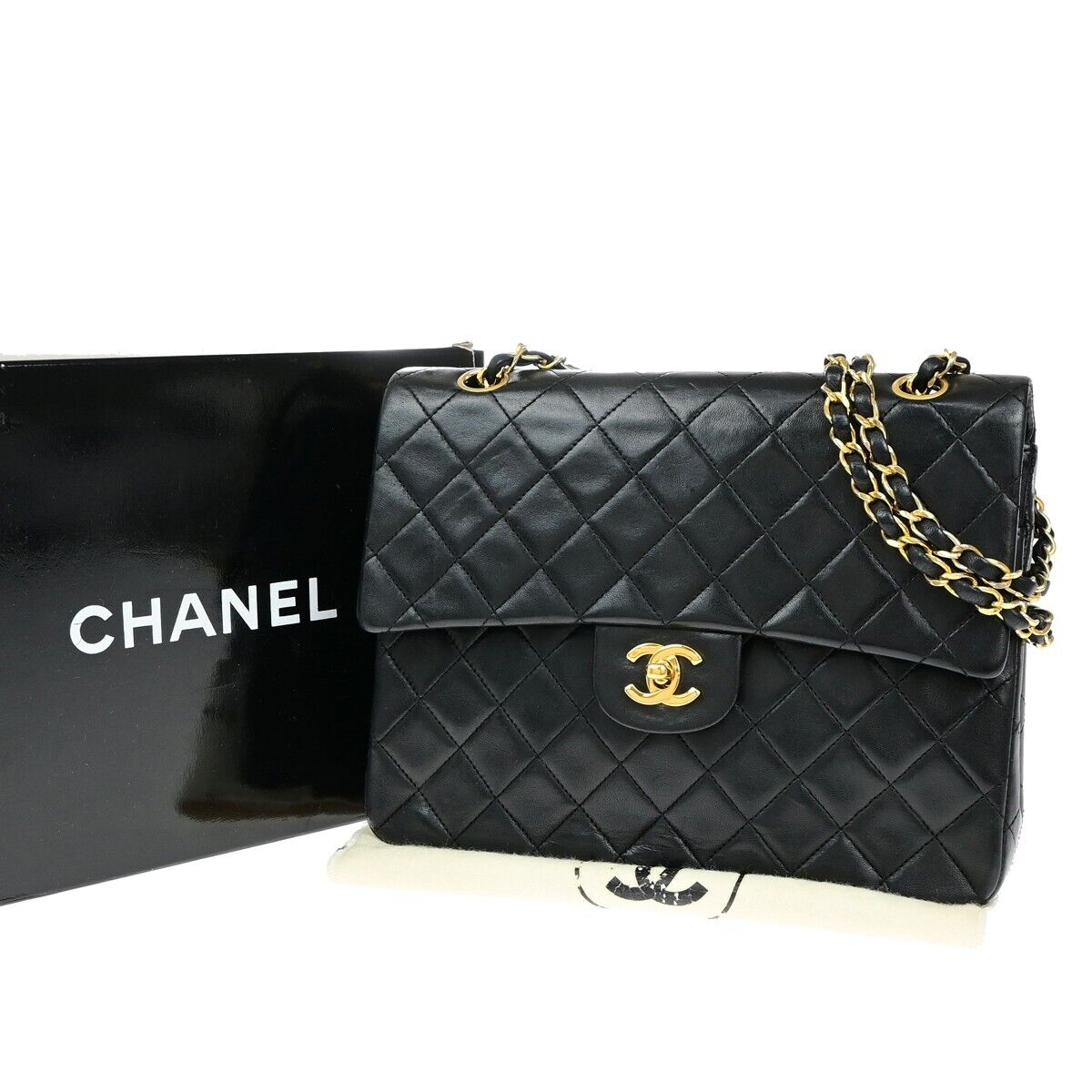 CHANEL Matelasse 25 Double Flap Chain Shoulder Bag Leather BK Vintage 827RF217