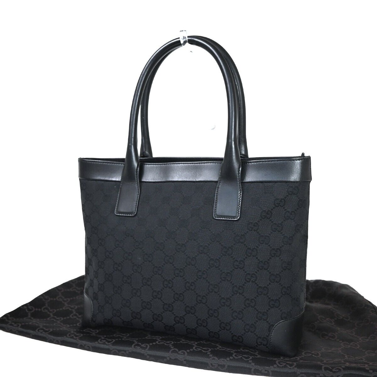 GUCCI Logo GG Pattern Shoulder Tote Bag Canvas Leather Black Silver 38SH187