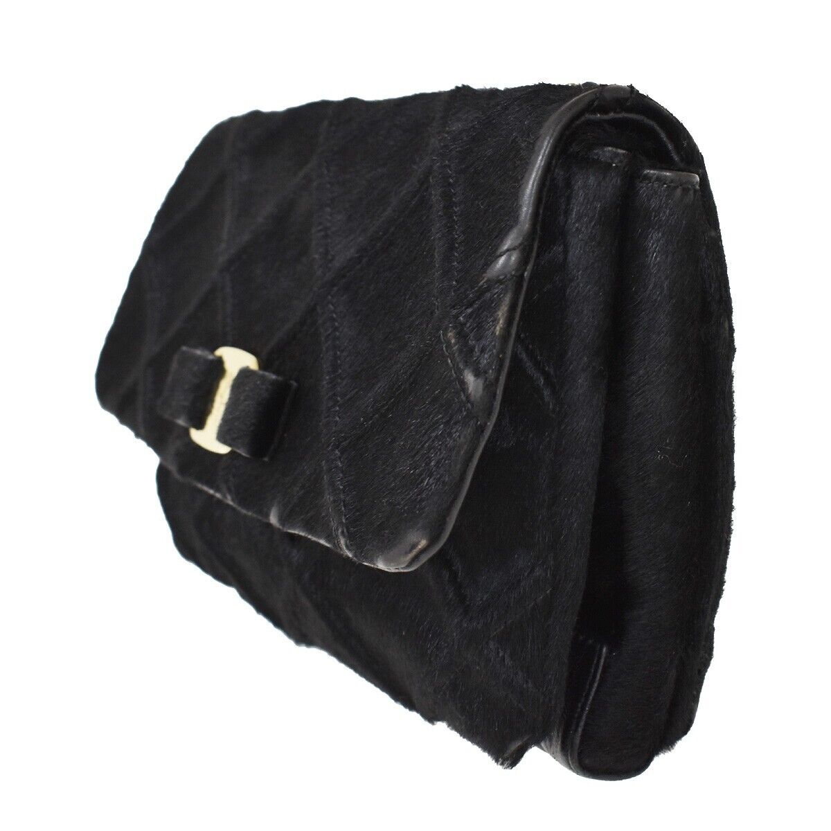 SALVATORE FERRAGAMO Vara Chain Shoulder Bag Fur Leather Black Gold Italy 67GA804