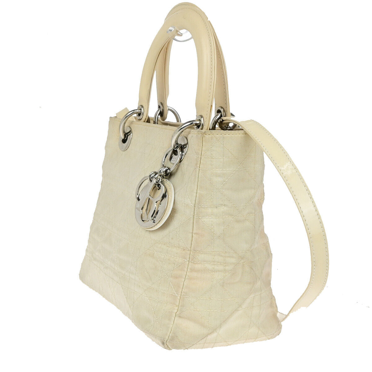 CHRISTIAN DIOR Lady Cannage 2Way Hand Bag Nylon Patent Leather Ivory SHW 81YG576