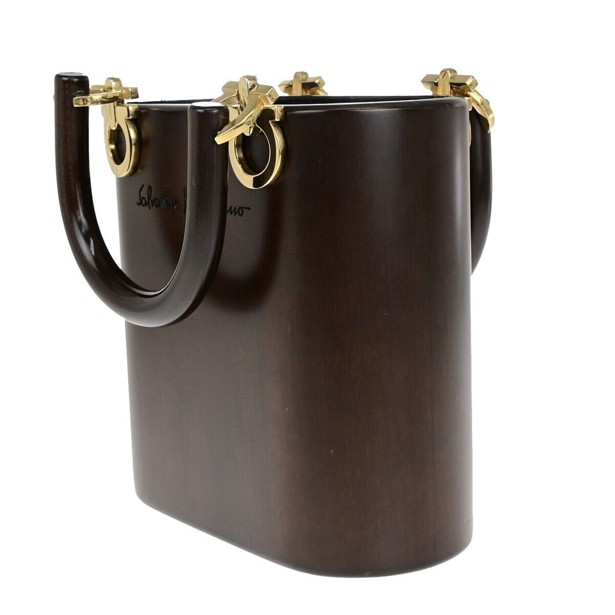 SALVATORE FERRAGAMO Logo Gancini Bucket Hand Bag Wood Leather Brown GHW 91EC722