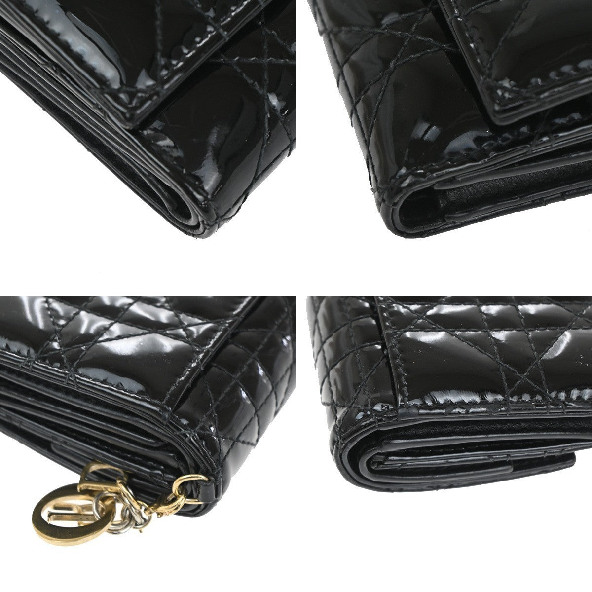 CHRISTIAN DIOR Cannage Trifold Compact Wallet Patent Leather Black GHW 35TA317
