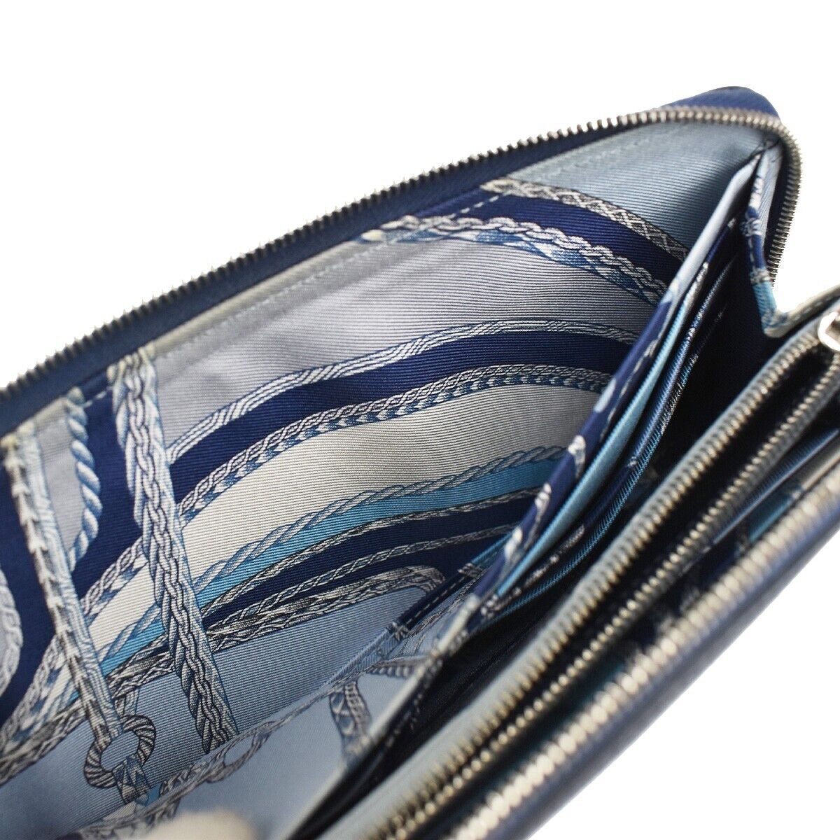 HERMES Azap Silk In Long Zipper Bifold Wallet Purse Leather Blue Silver 37JH641