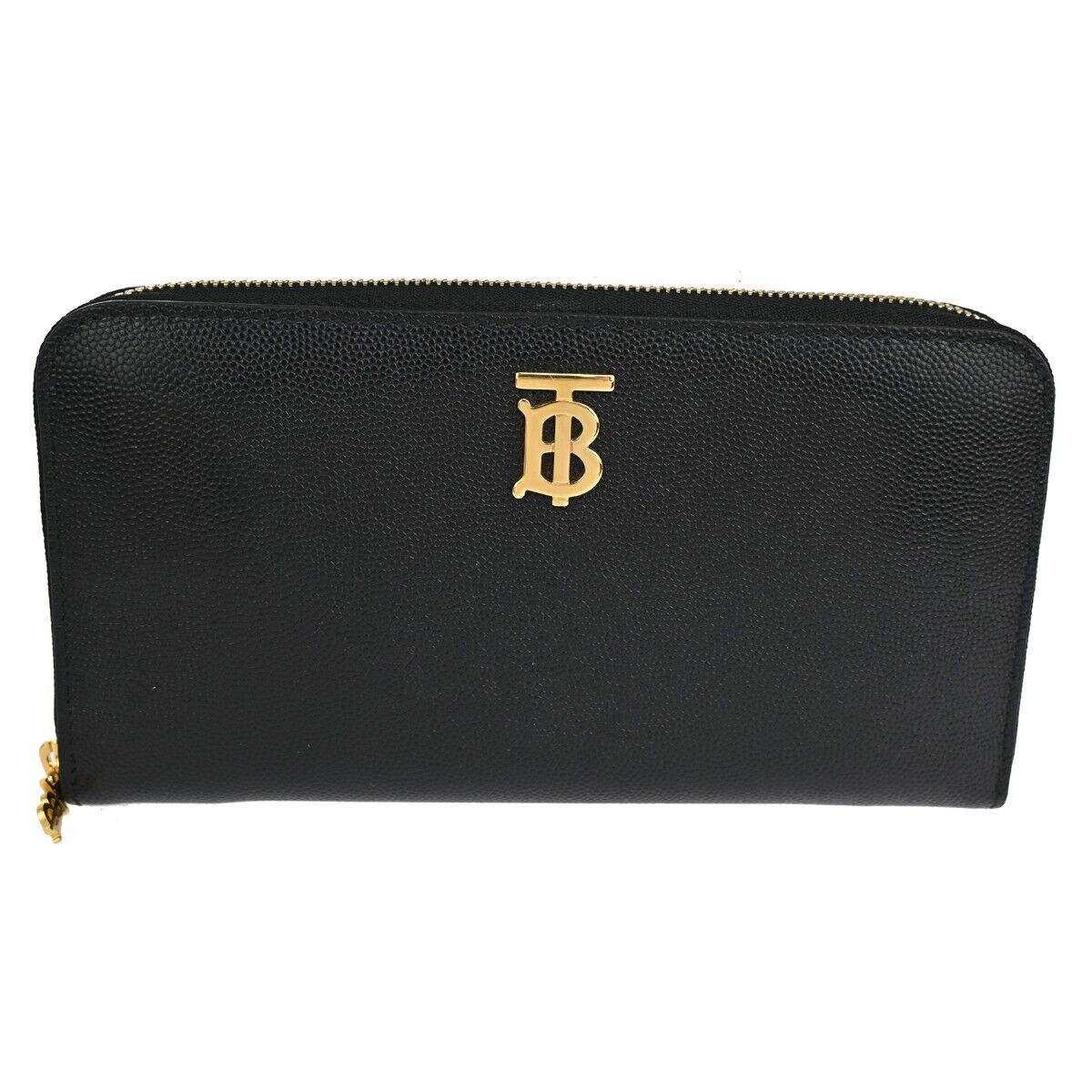BURBERRY Logo  Zipper Long Wallet Purse Leather Black Gold Italy 31KA118
