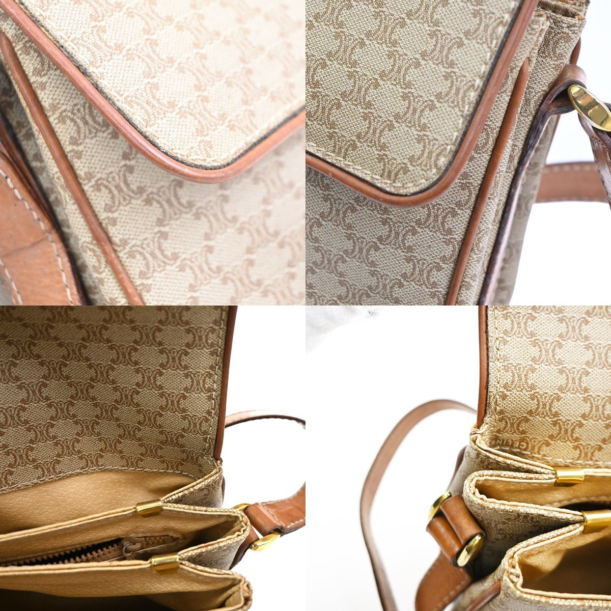 CELINE Logo Macadam Pattern Shoulder Bag PVC Leather Beige GHW Italy 67CA718