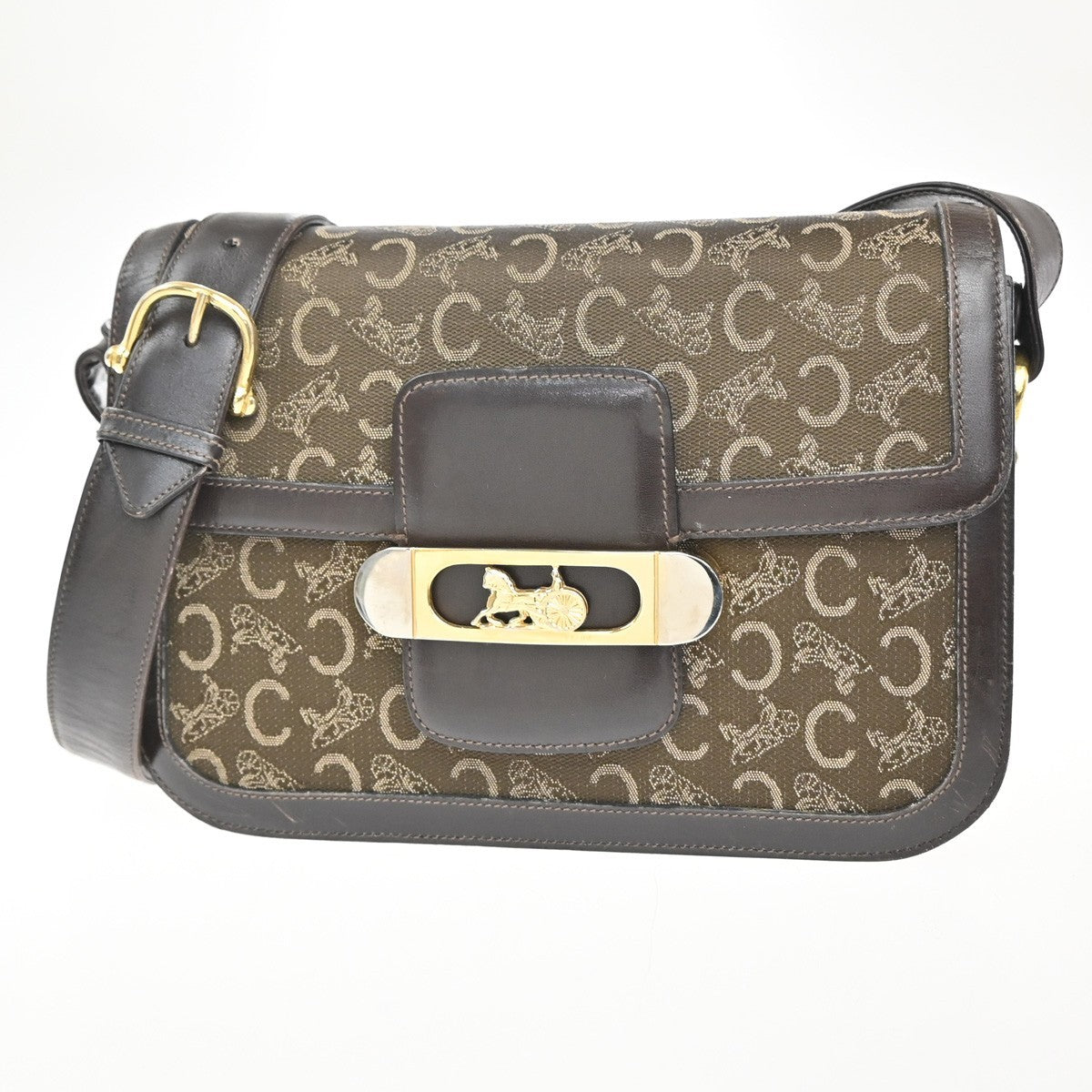 CELINE Logo C Macadam Horse Carriage Shoulder Bag Canvas Leather Brown 34KP553