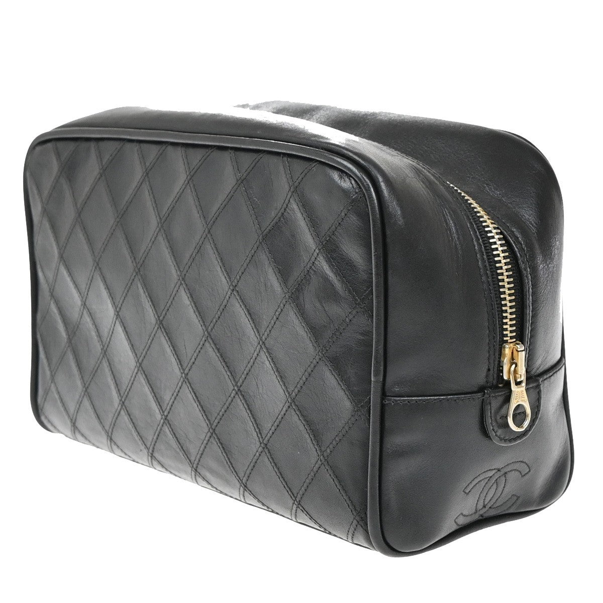 CHANEL CC Logo Bicolore Vanity Bag Pouch Leather Black GHW Italy 88KB491
