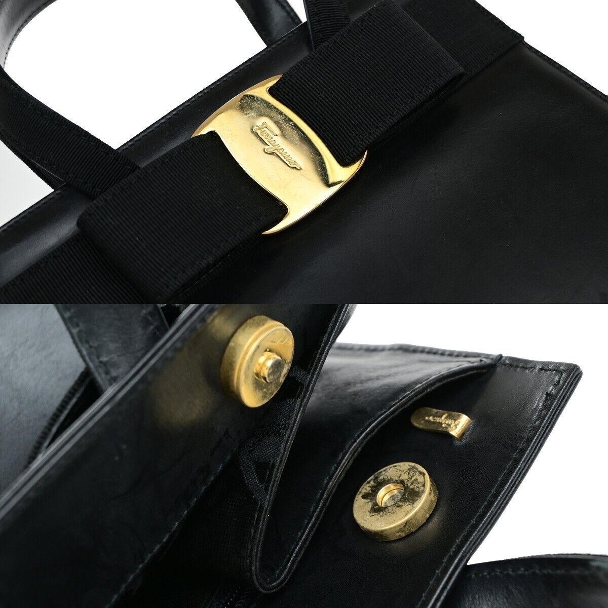 SALVATORE FERRAGAMO Logo Vara Hand Bag Canvas Leather Black Gold Italy 67ED785