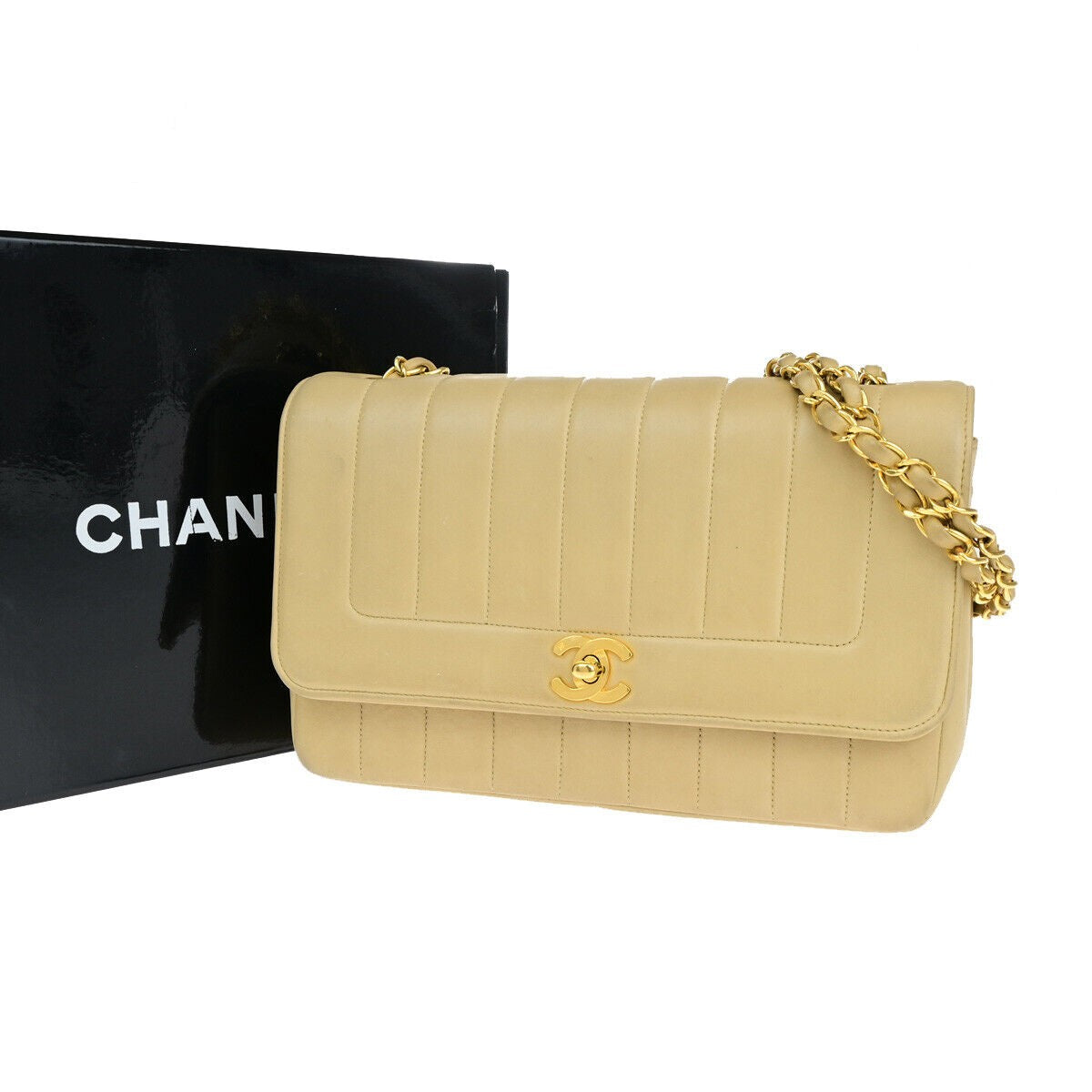 CHANEL CC Logo Mademoiselle Chain Shoulder Bag Leather Beige GHW France 373RK186