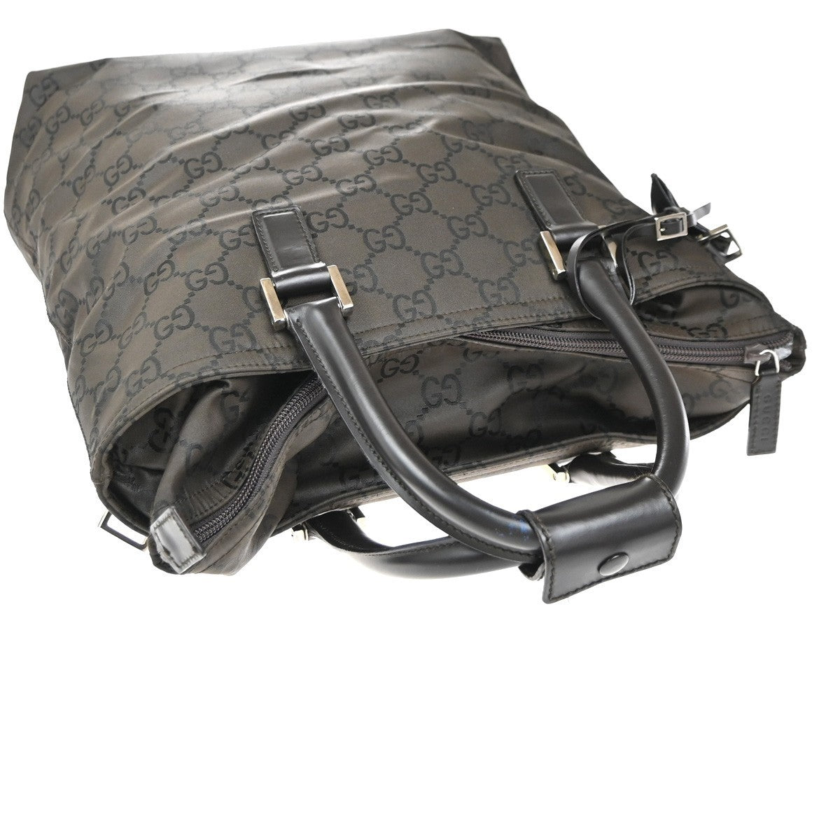 GUCCI Logo GG Pattern Hand Bag Nylon Leather Brown Silver Italy 66KP414