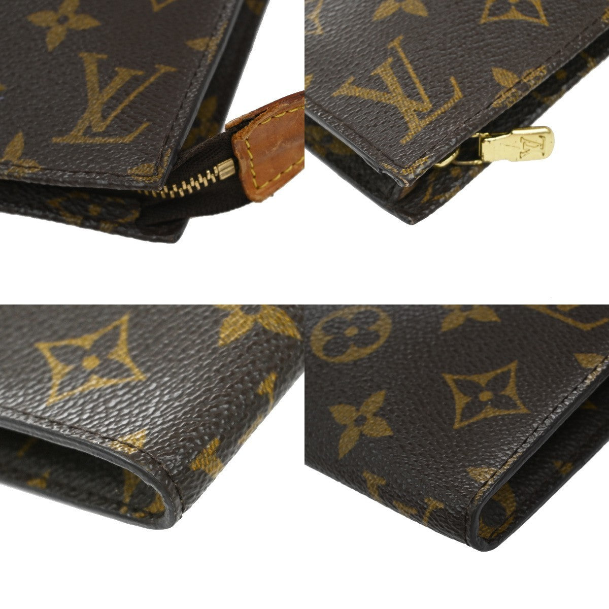 LOUIS VUITTON LV Logo Bucket GM Pouch Bag Monogram Leather Brown Gold 02KB369