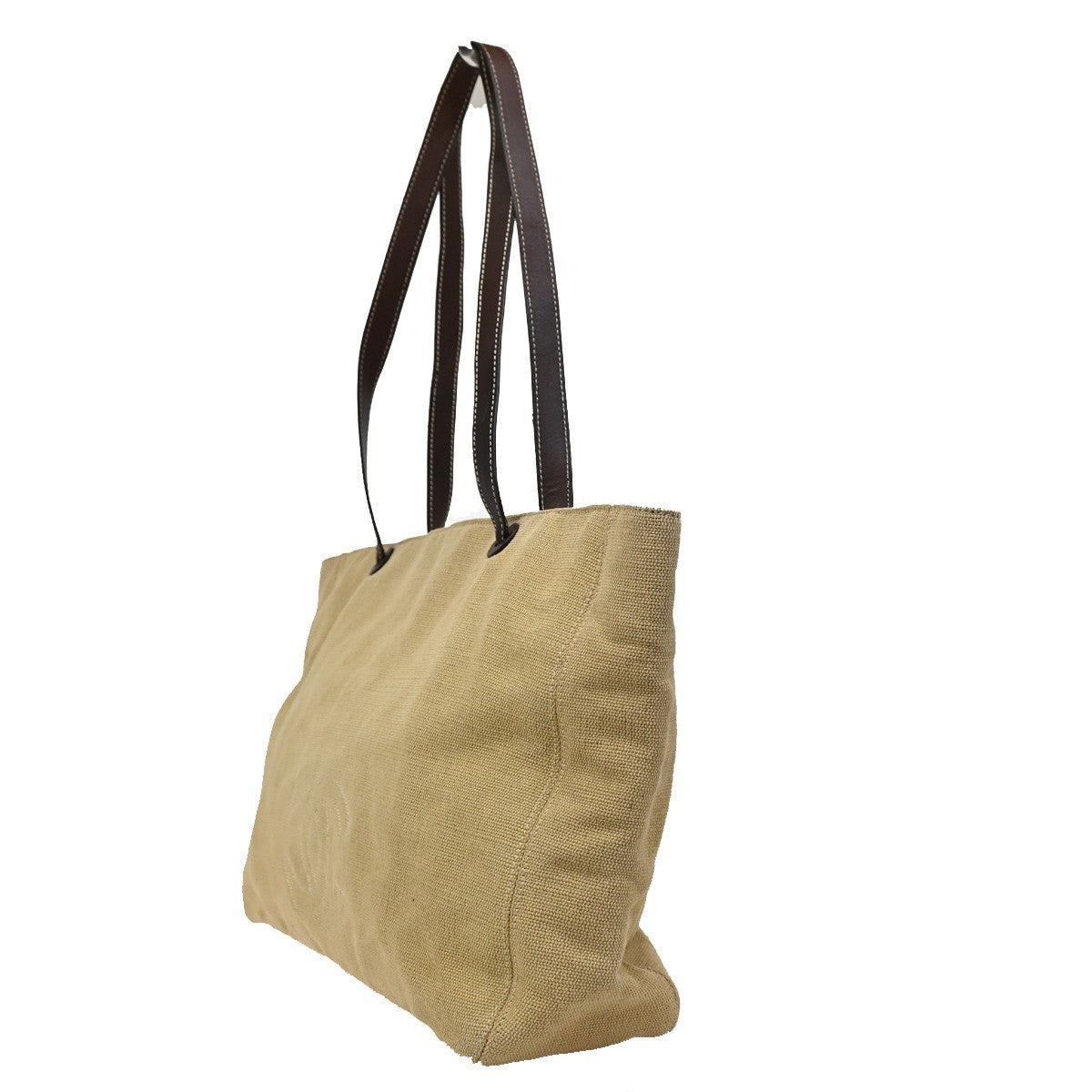 1.Live CHANEL CC Shoulder Tote Bag Canvas Leather Beige Brown Vintage 77KP040