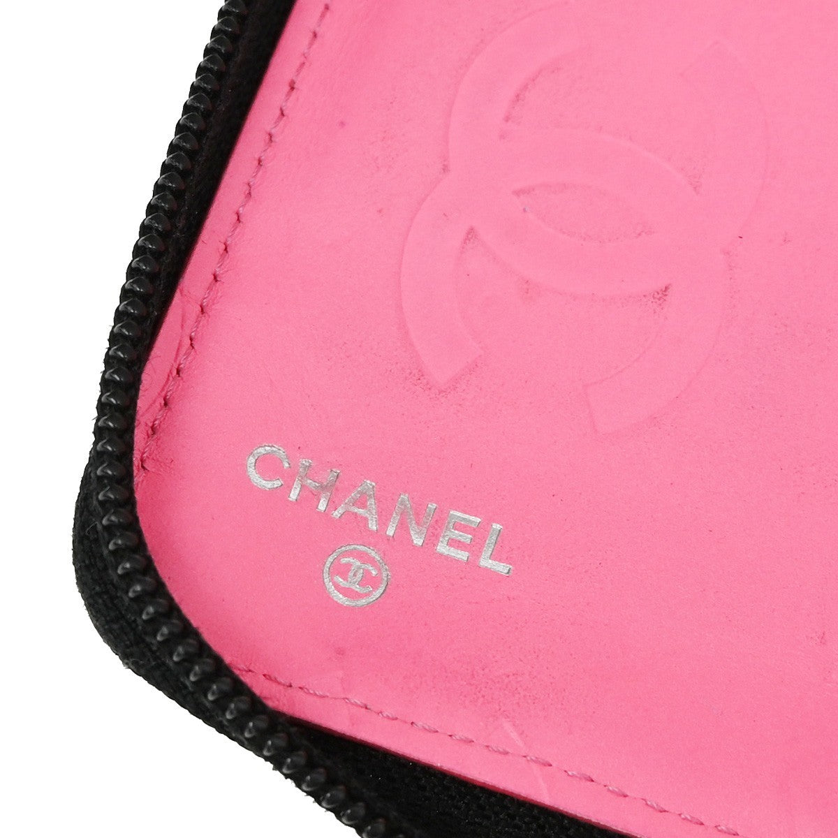 CHANEL CC Logo Cambon Zip Around Long Bifold Wallet Leather Black Pink 39EF850