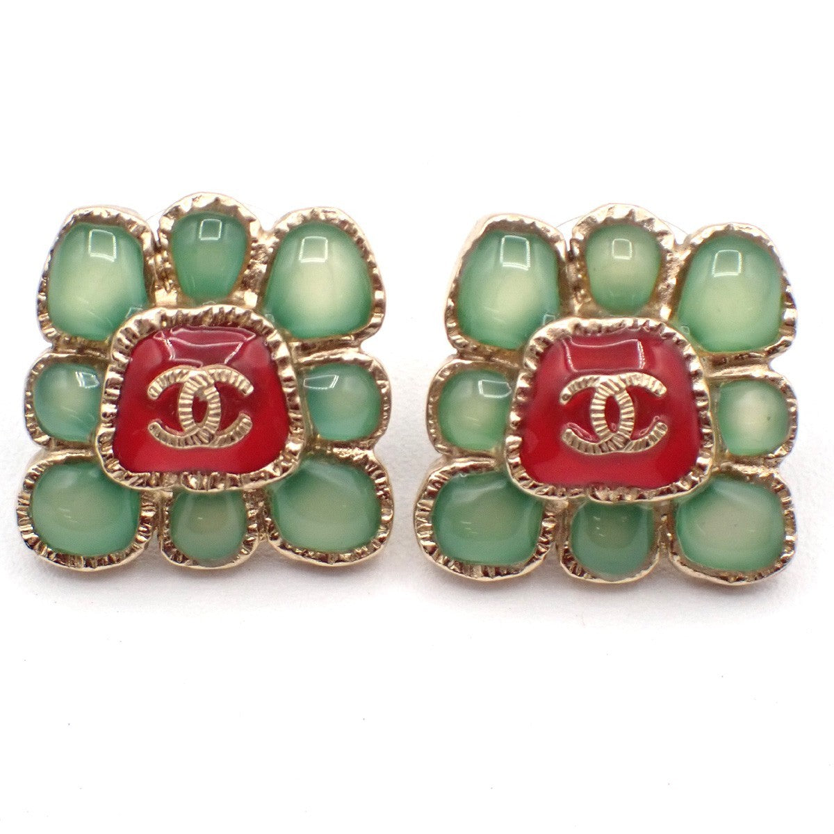 CHANEL CC Logo Button Square Pierce Earrings Gripoix A16C GHW France 86RL679