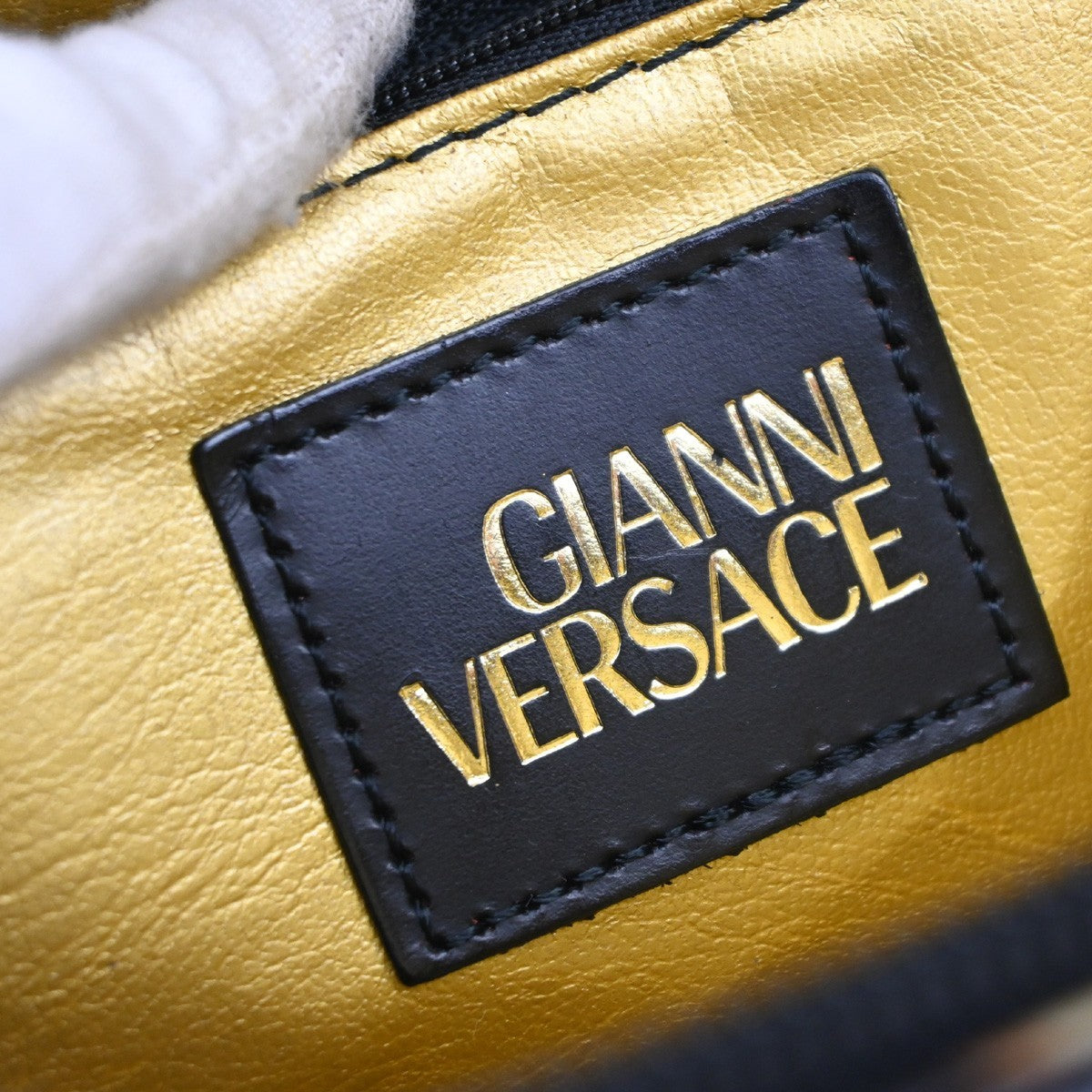 GIANNI VERSACE Logo Hand Bag Canvas Leather Yellow Black Italy GHW 30MA670
