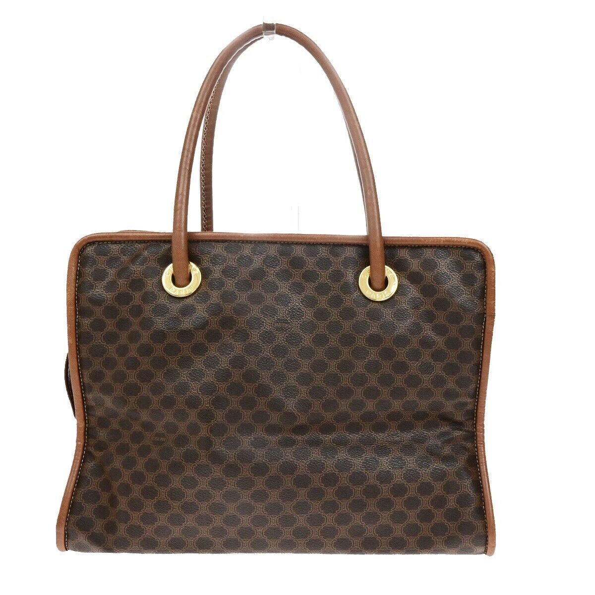 CELINE Circle Logo Macadam Pattern Shoulder Hand Bag PVC Leather Brown 33ED943