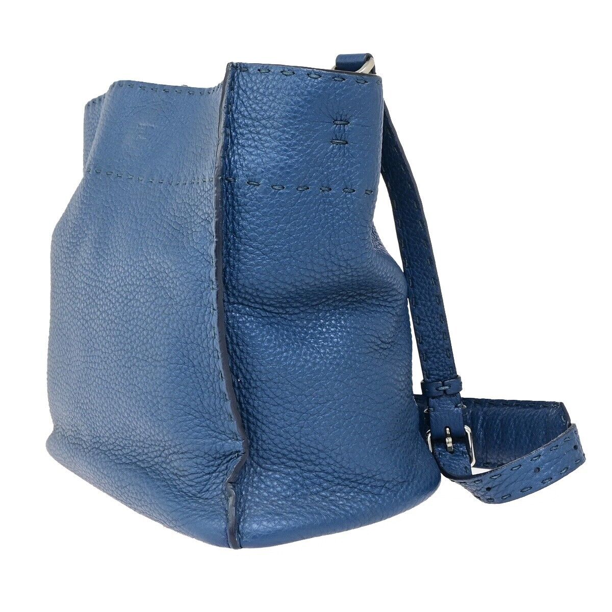 FENDI Logo Anna Selleria Bucket Shoulder Bag Leather Blue Italy 83FB186