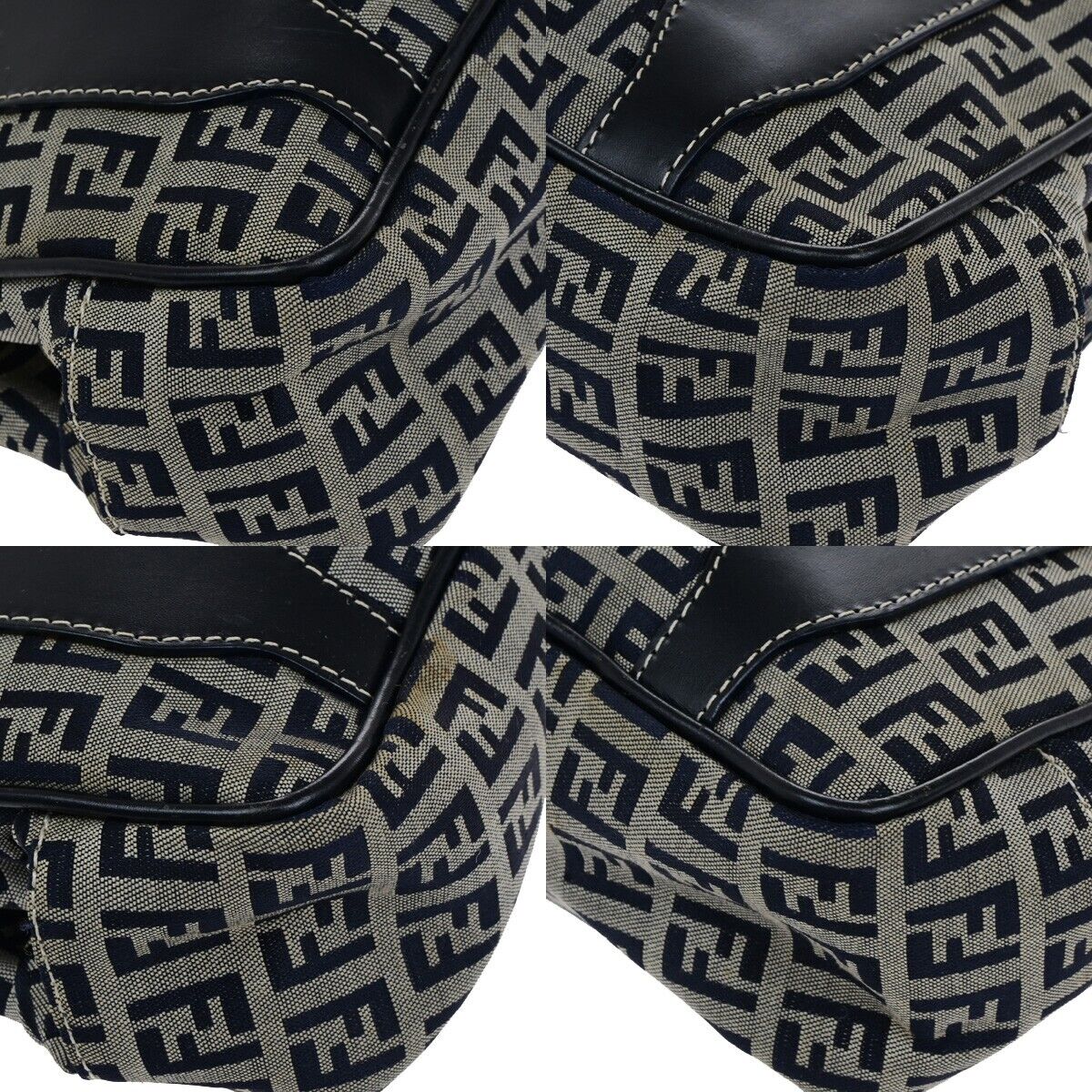 FENDI Logo Zucchino Pattern Hand Bag Nylon Leather Navy Blue Silver 31KA551