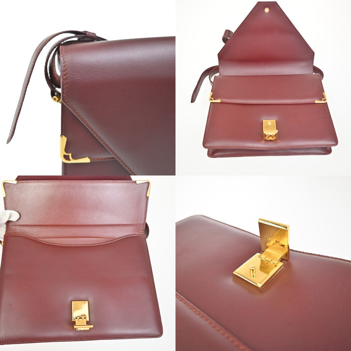 MUST DE CARTIER 2C Logo Two Flap Shoulder Bag Leather Bordeaux GHW Spain 37ZA278