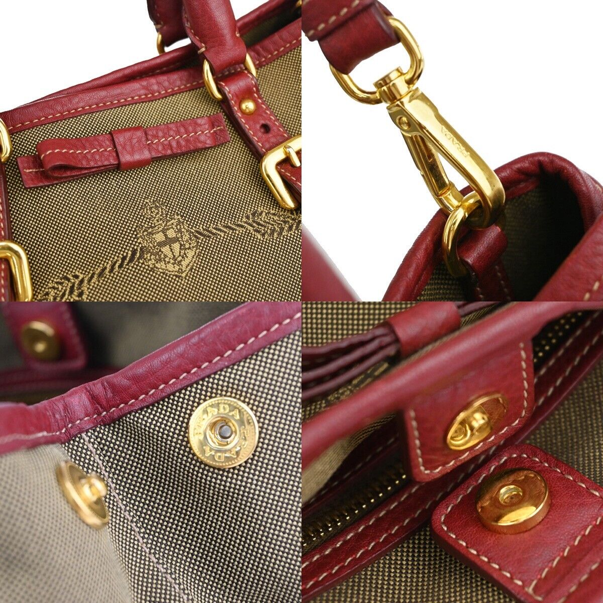 PRADA MILANO Logo 2Way Shoulder Hand Bag Canvas Leather Khaki Bordeaux 79EA813