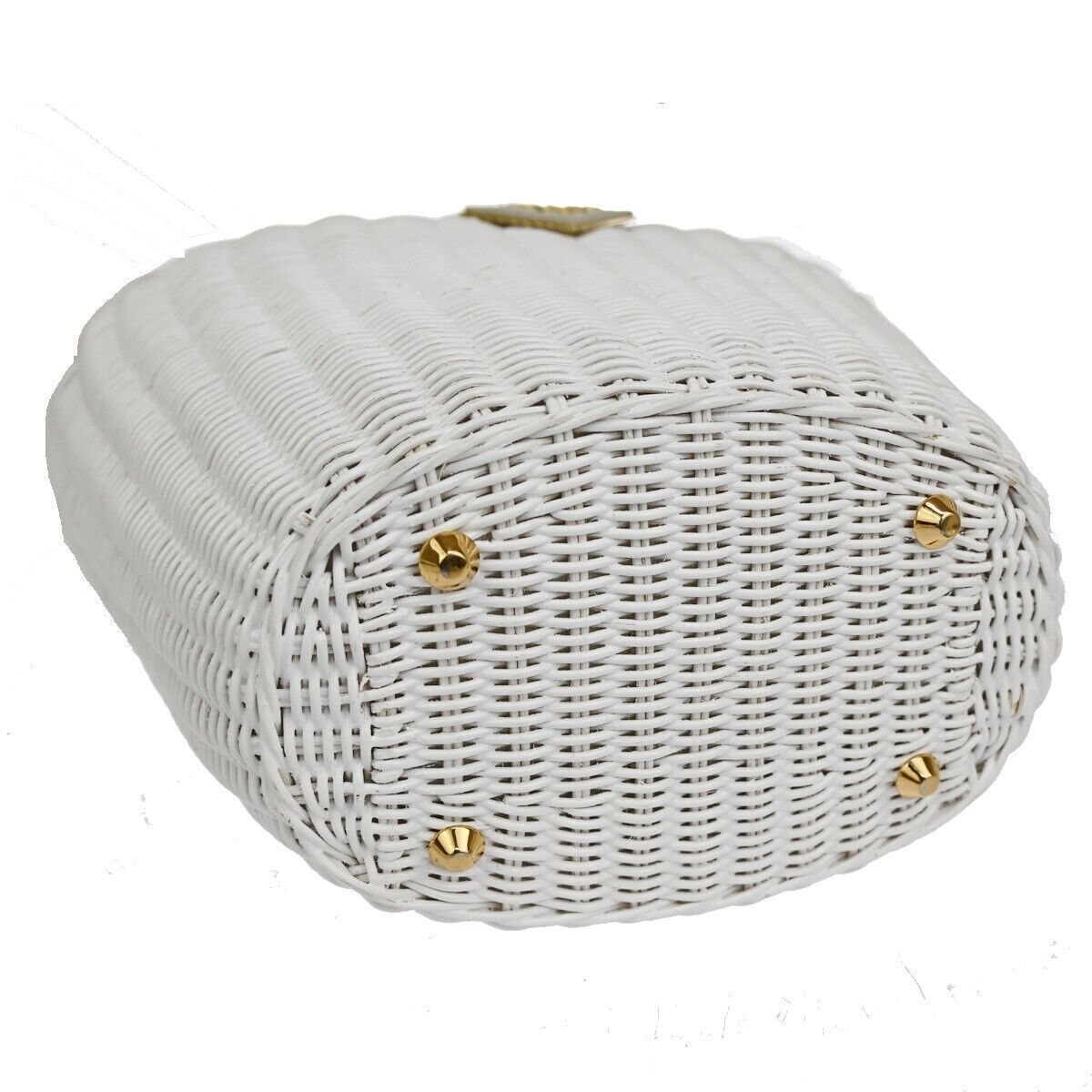 PRADA Logo Midollino Wicker 2Way Shoulder Hand Bag Canvas Leather White 686RH260